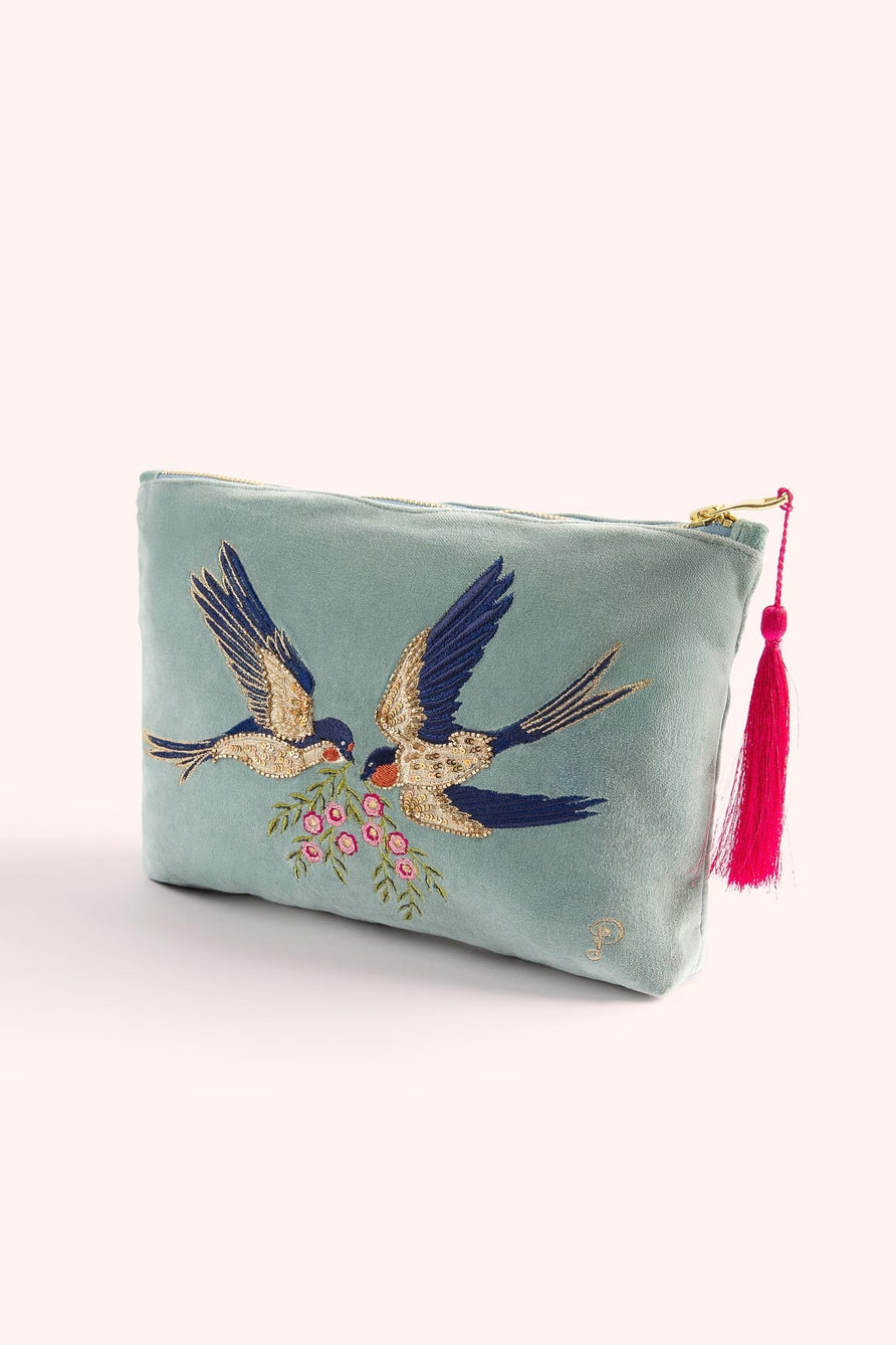 Swallows Velvet Embroidered Zip Pouch Powder Design