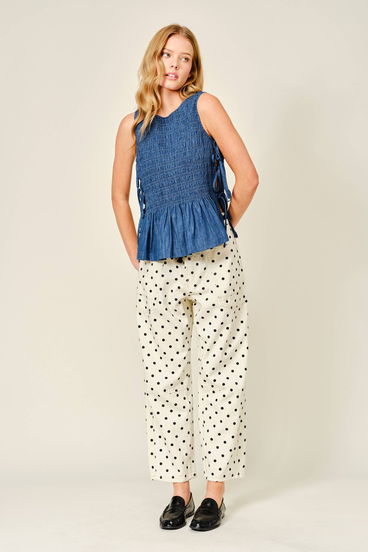 Sleeveless Denim Smocked Tie Top