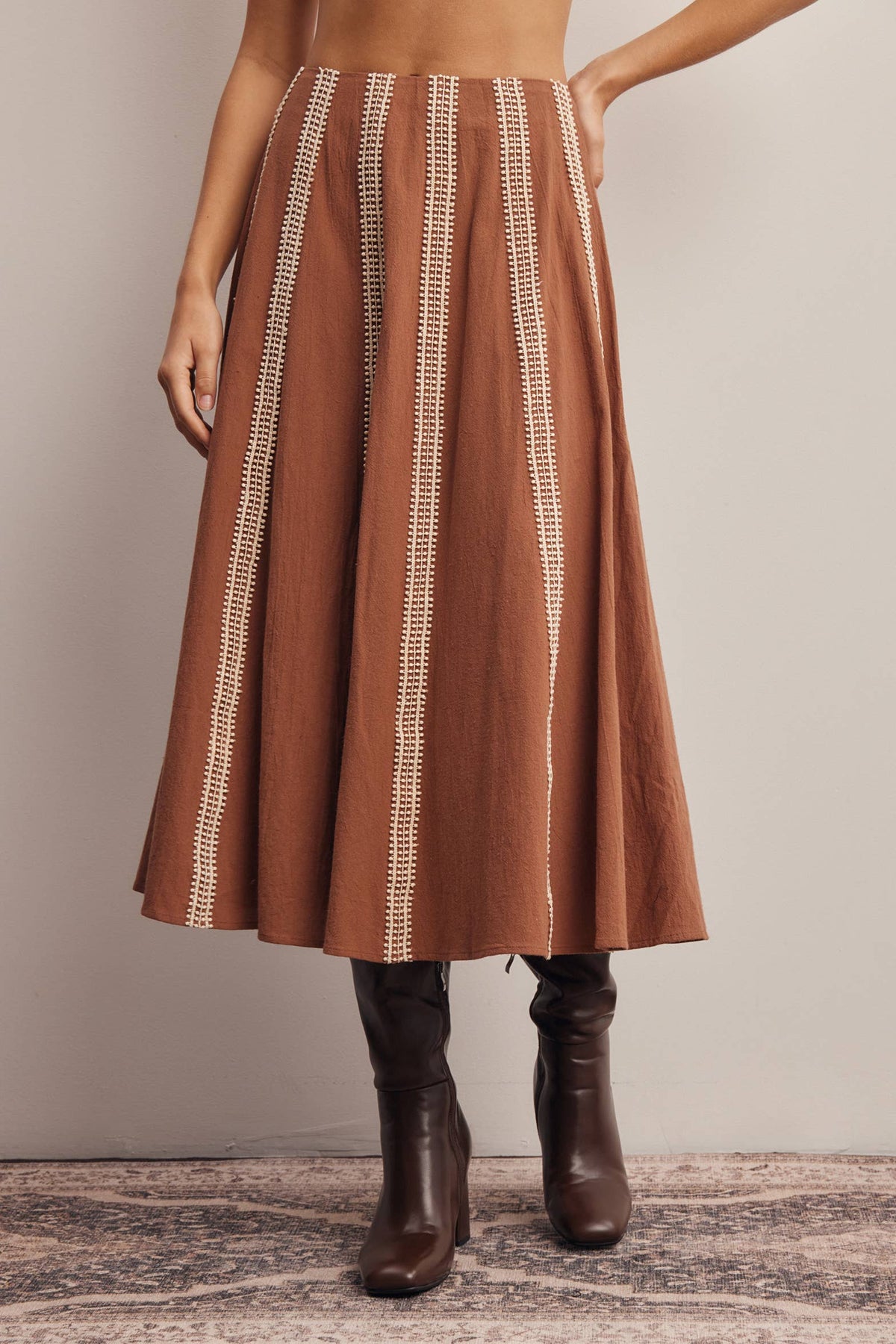 Embroidered Stripe Midi Skirt