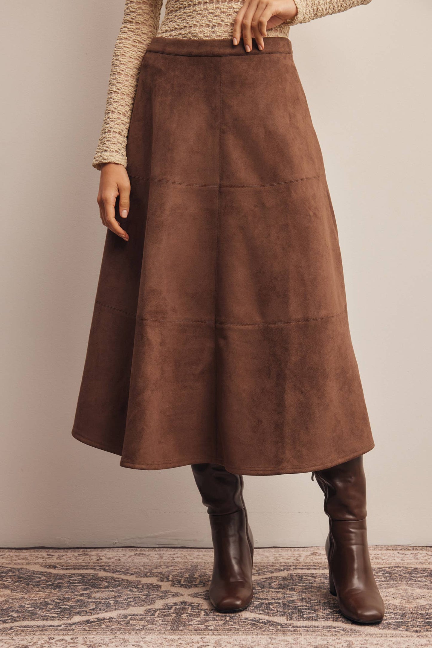 Stretched Suede A-Line Midi Skirt