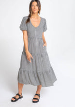 Load image into Gallery viewer, Gingham Puff Sleeve Open Back Tiered Midi Dress
