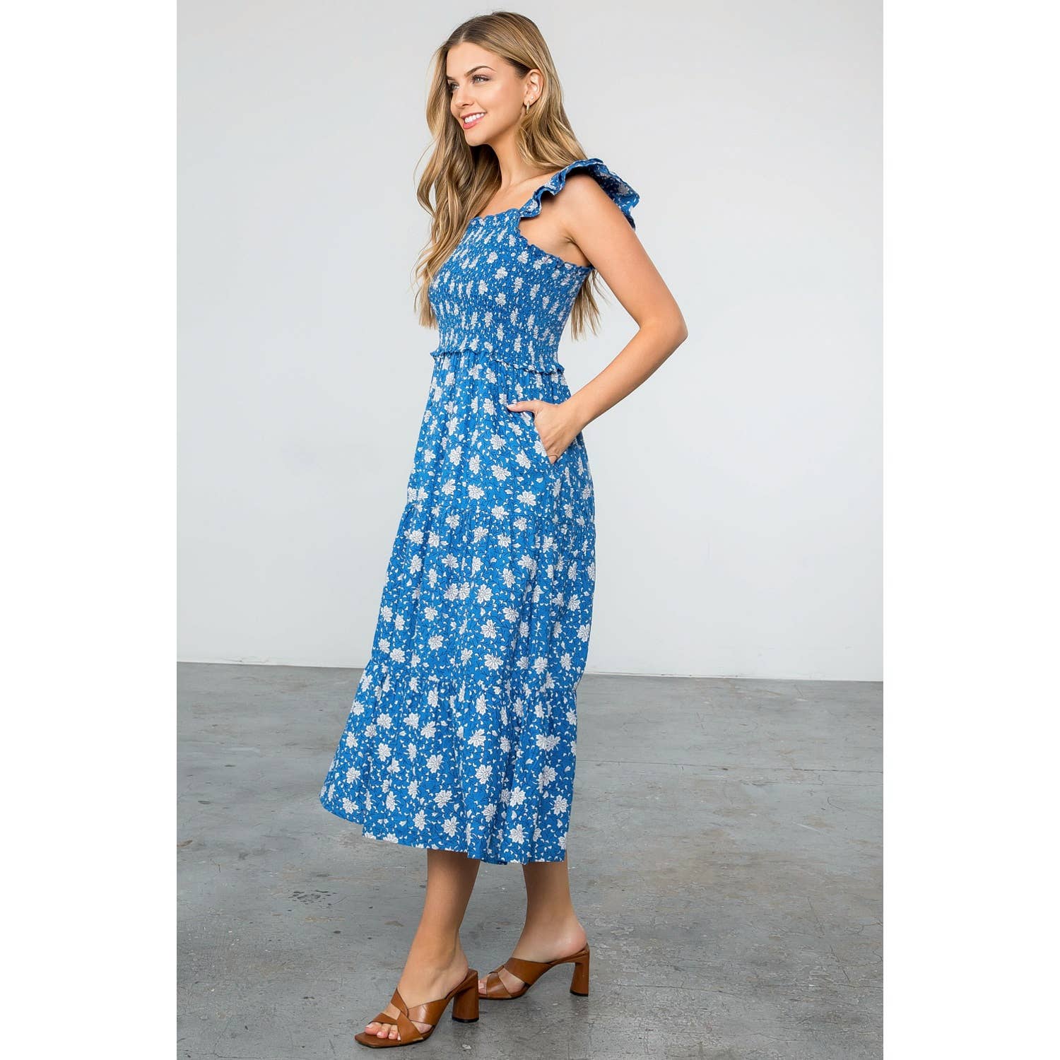 Smocked Tiered Flower Print Dress 