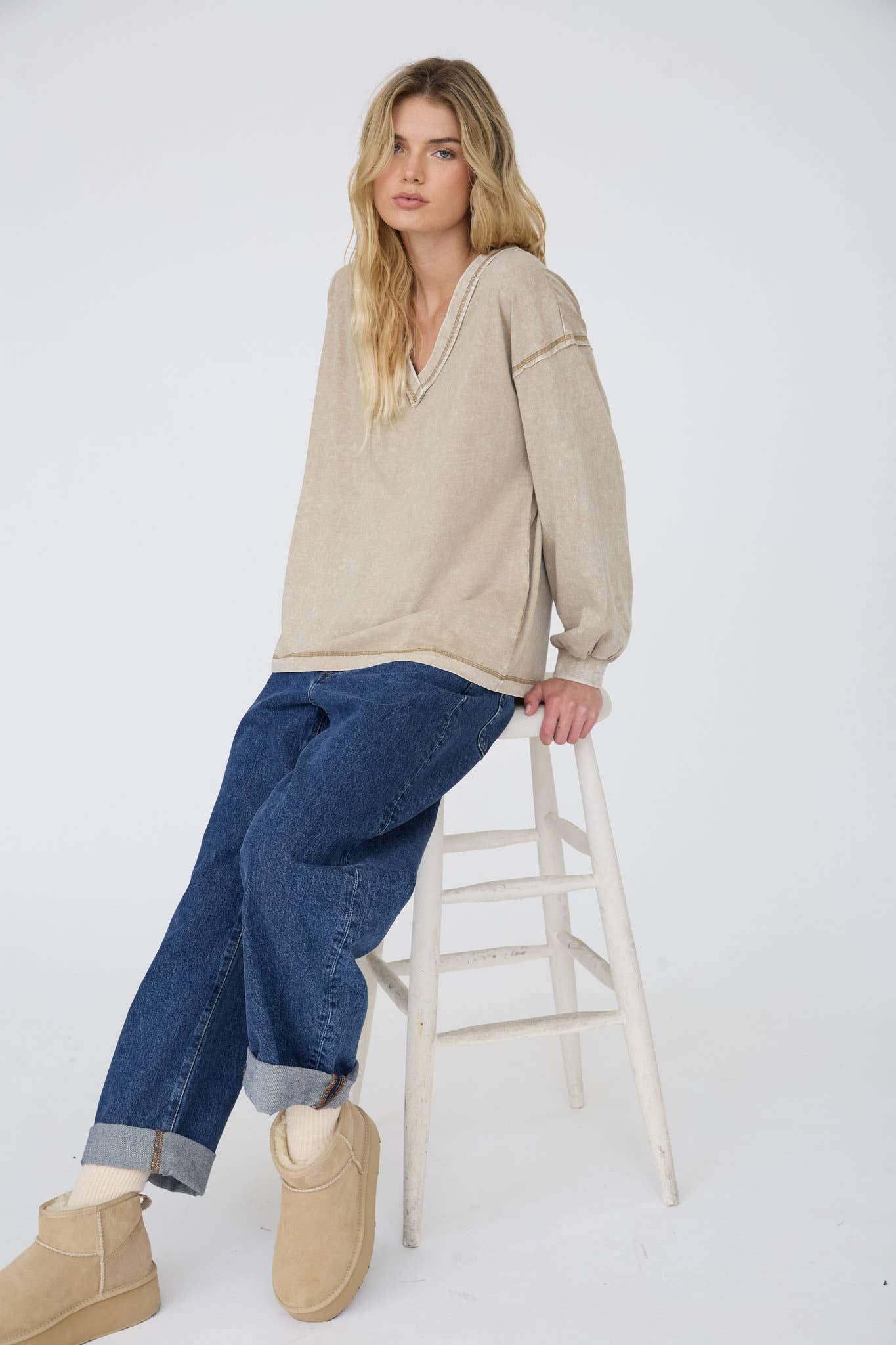 Reverse Seam Detail Long Sleeve V Neck Sweatshirt