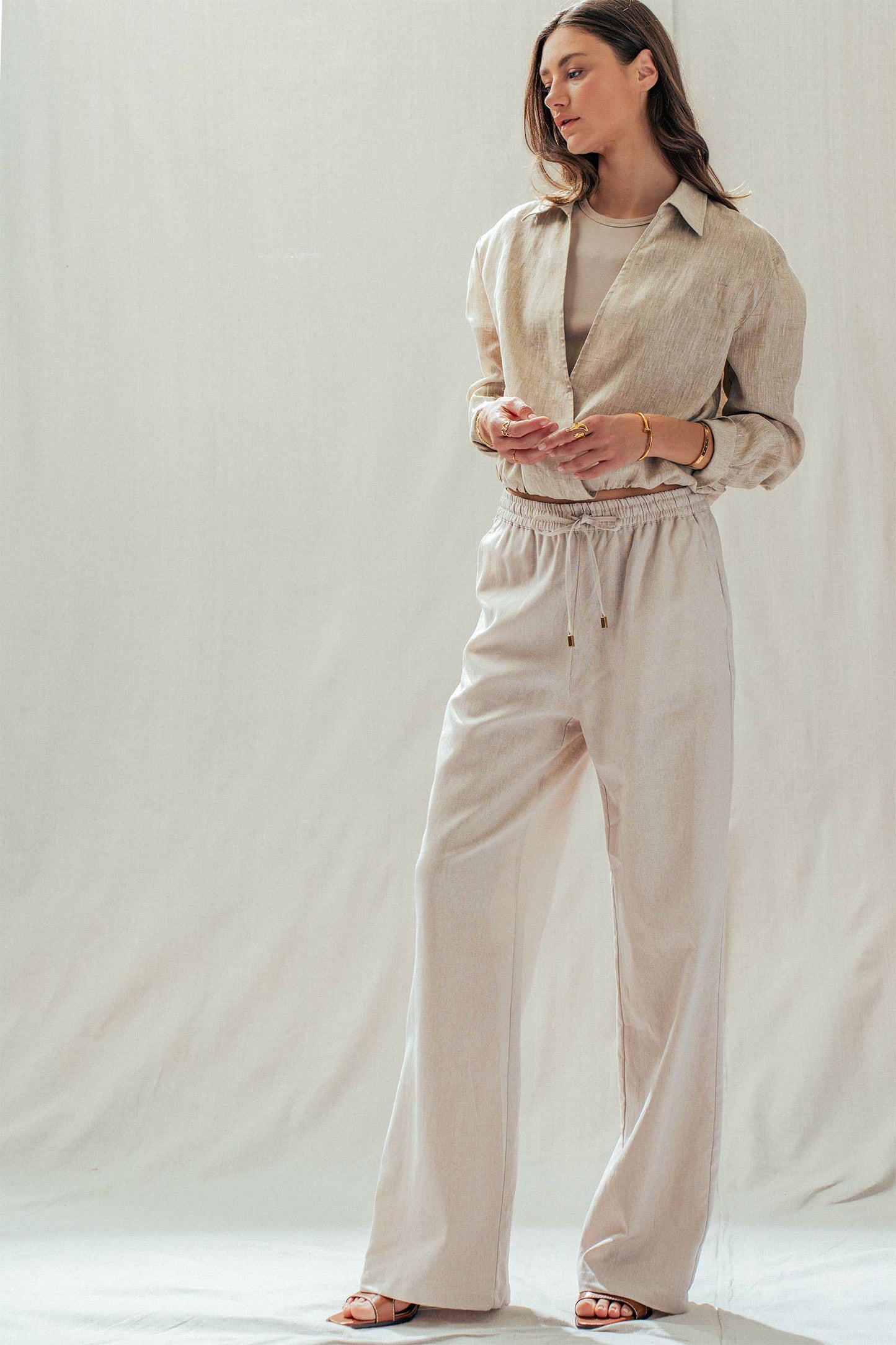 Linen Blend Wide Leg Pants Drawstring Waist 
