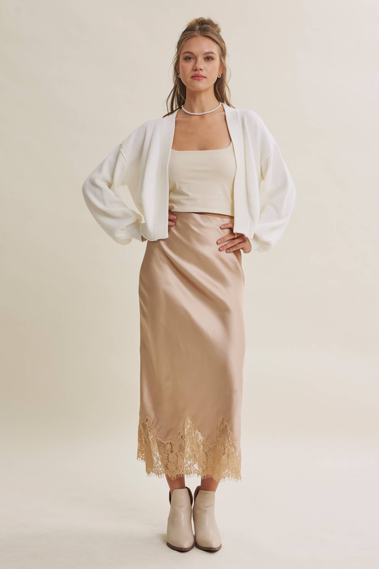 Elegant French Lace Satin Midi Skirt
