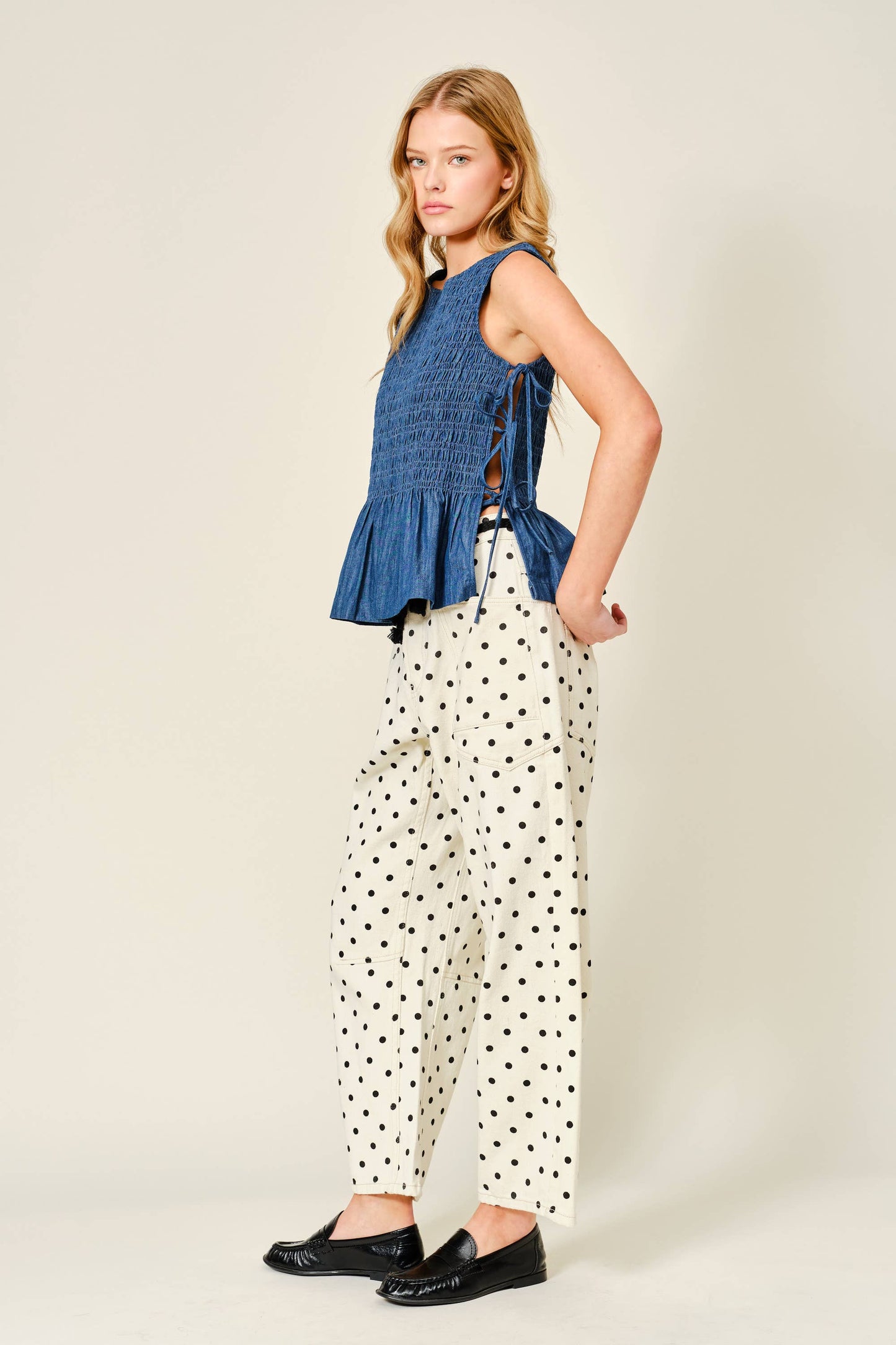 Sleeveless Denim Smocked Tie Top