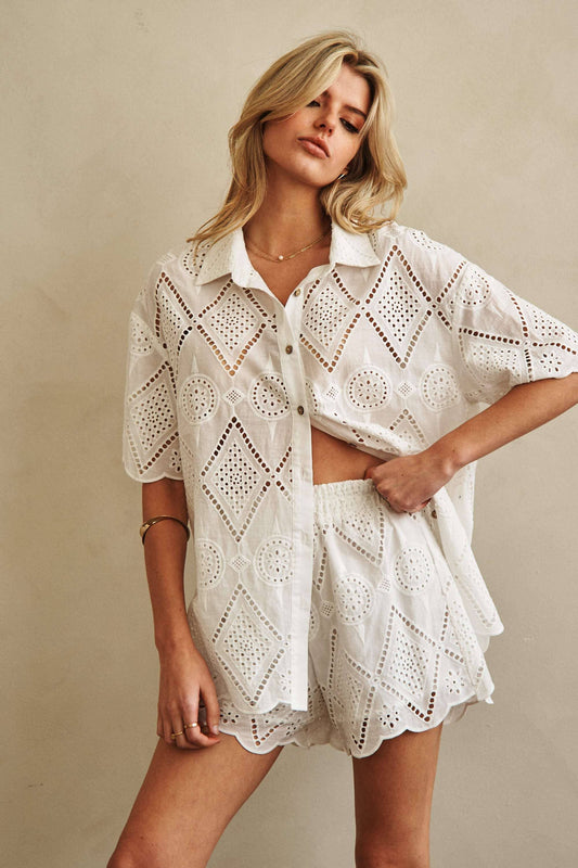 Short Sleeve Collared Button Down Lace Shirt 