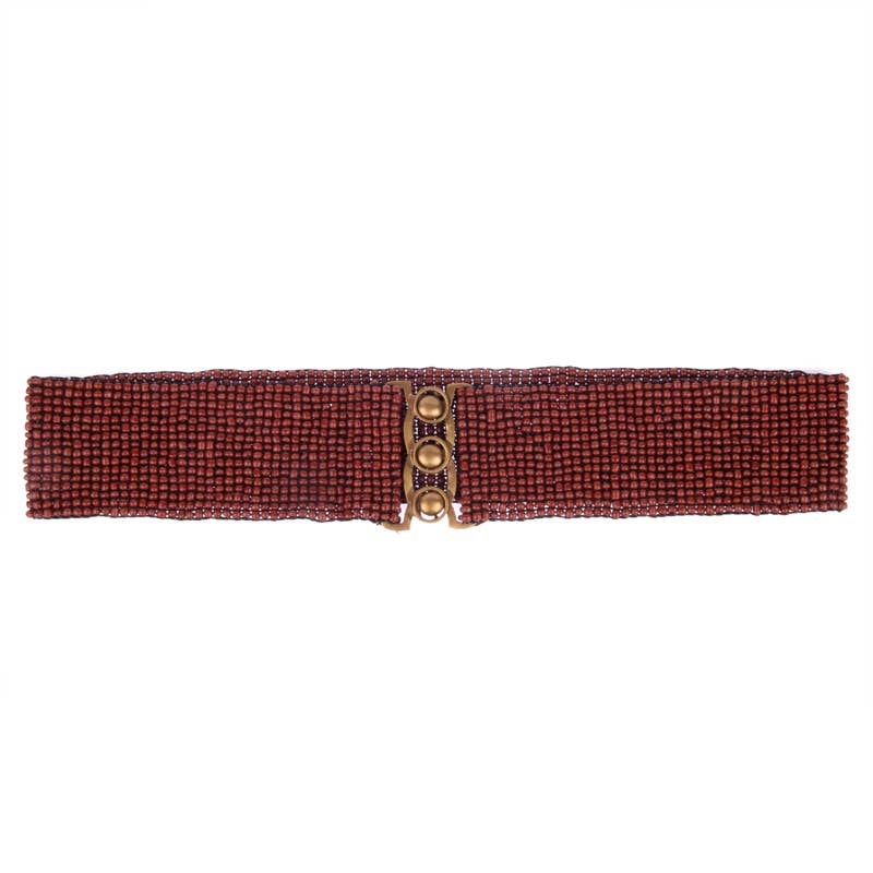 Beaded stretch belt brown bronze metal buckle hand loomed 