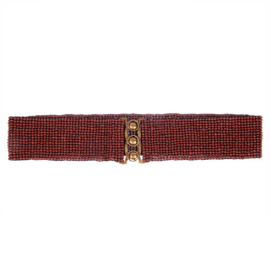 Beaded stretch belt brown bronze metal buckle hand loomed 