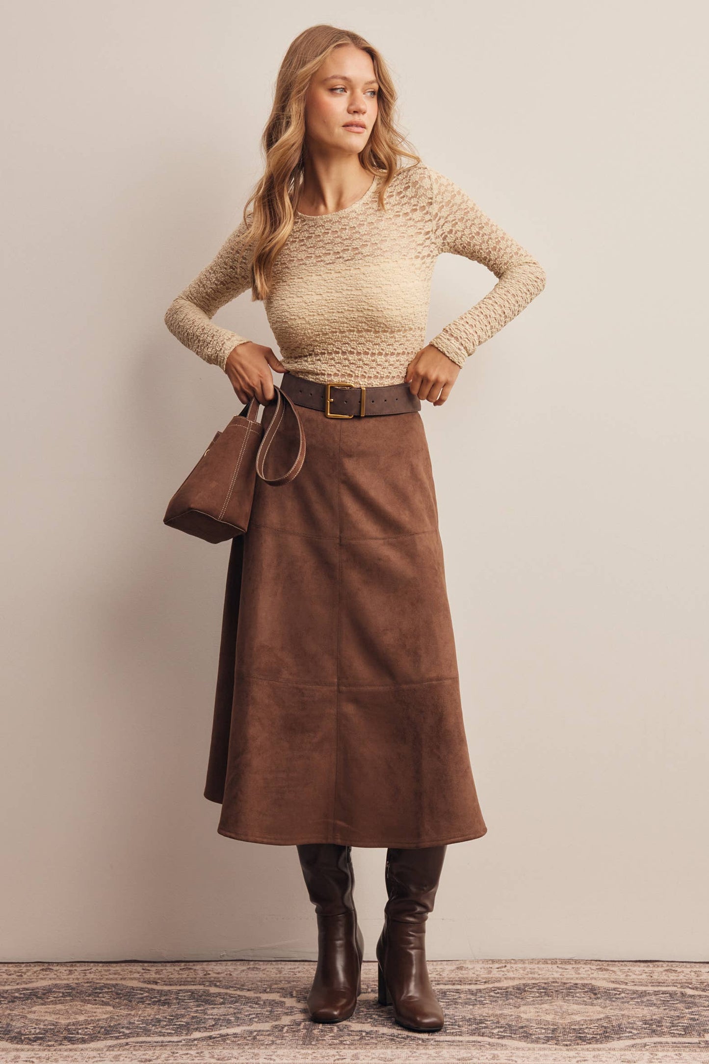 Stretched Suede A-Line Midi Skirt