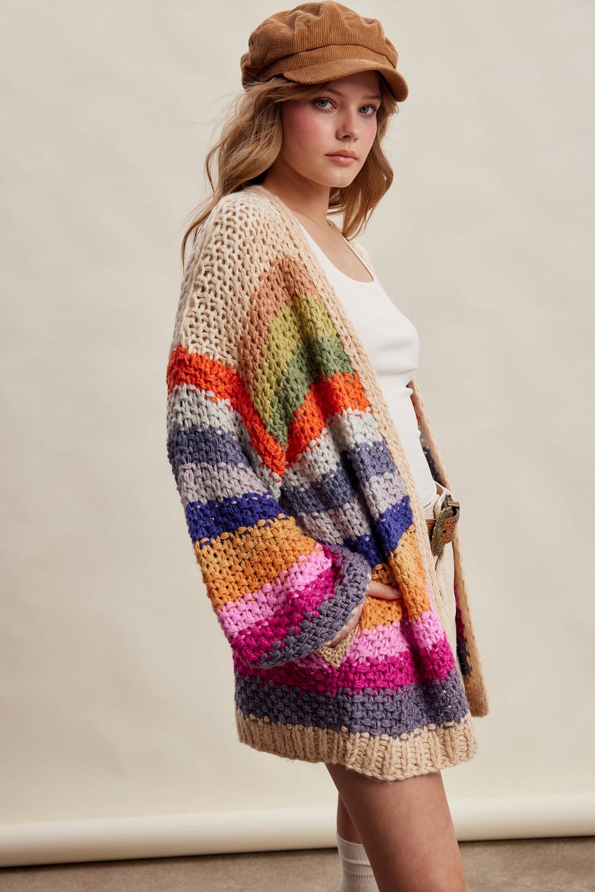 Rainbow Hand-Crochet Open Cardigan