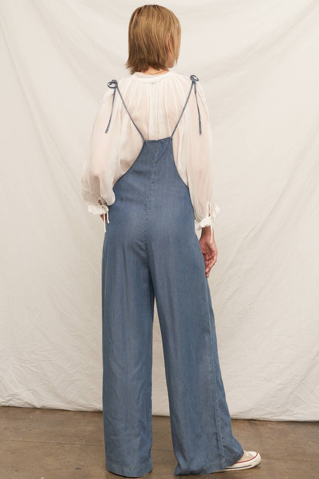 Tie Shoulder Soft Denim Jumpsuit