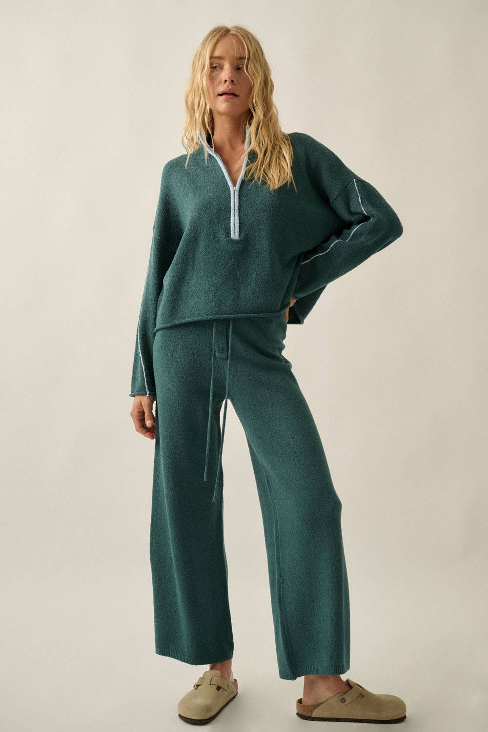 Textured Knit Split-Hem Drawstring Sweater Pants