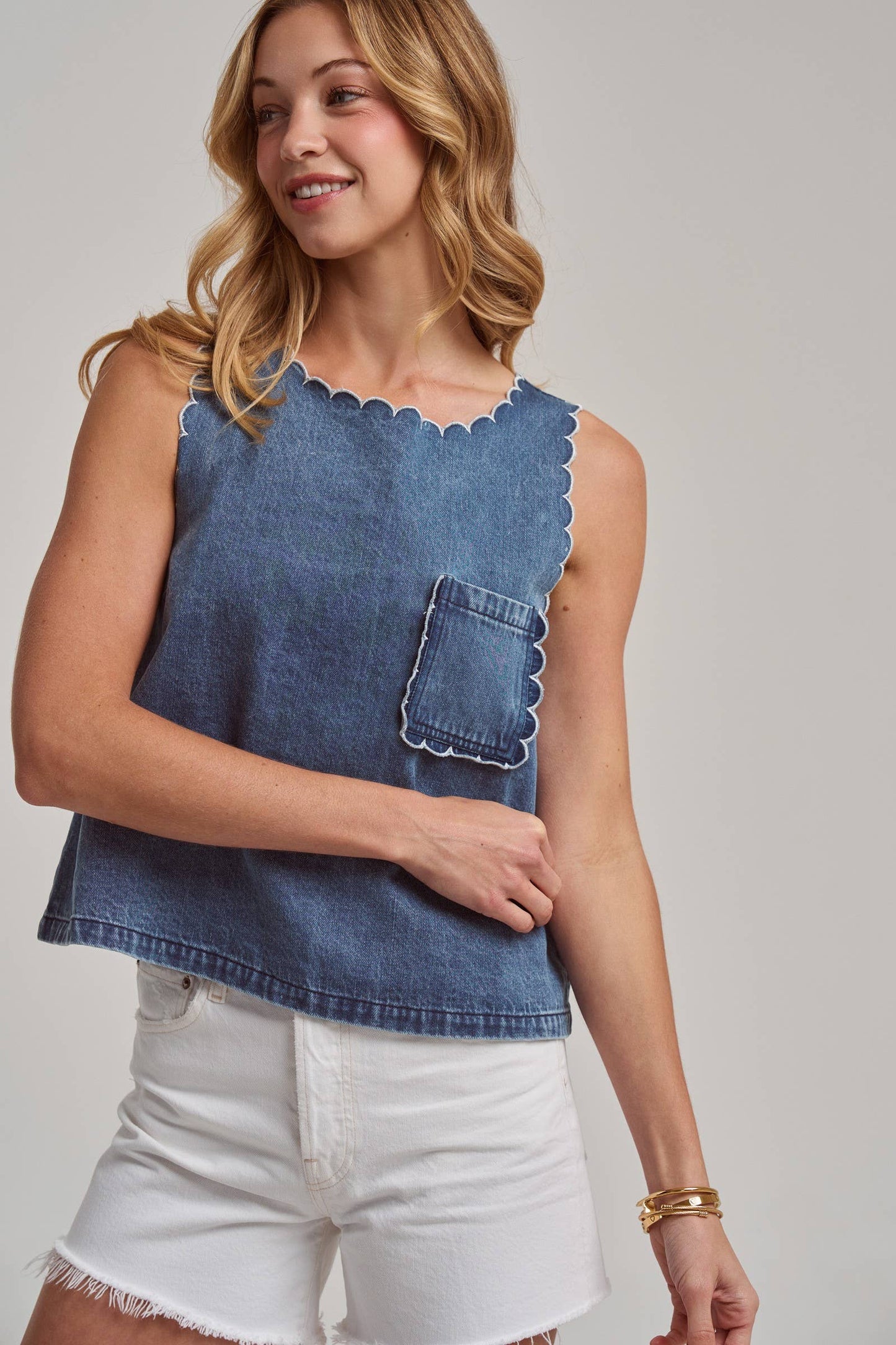 Washed Denim Sleeveless Top with Scalloped Edge Detail