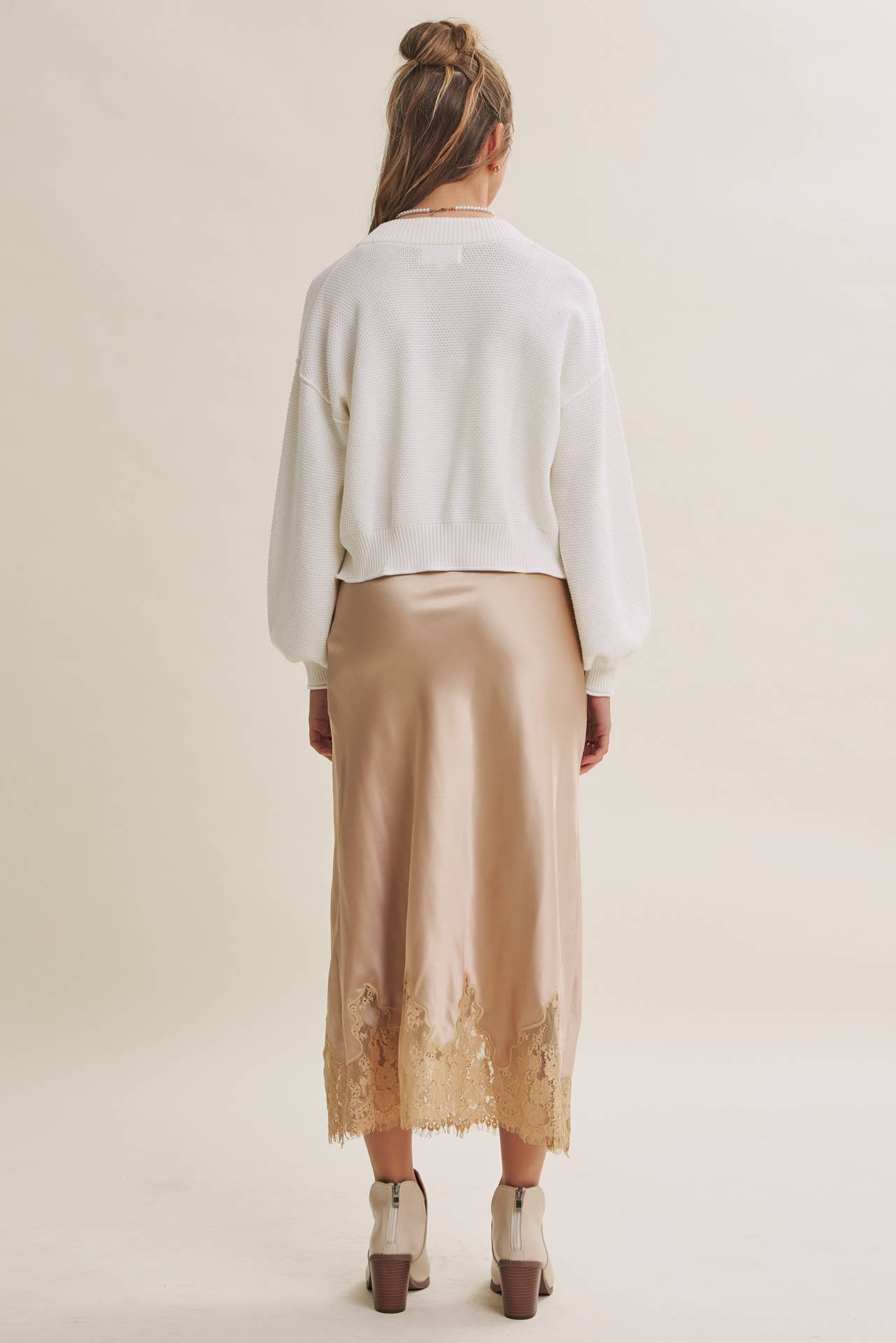 Elegant French Lace Satin Midi Skirt