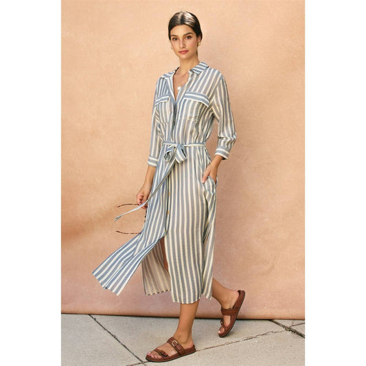 Saltwater Stripe Belted Maxi Shirt Dress 