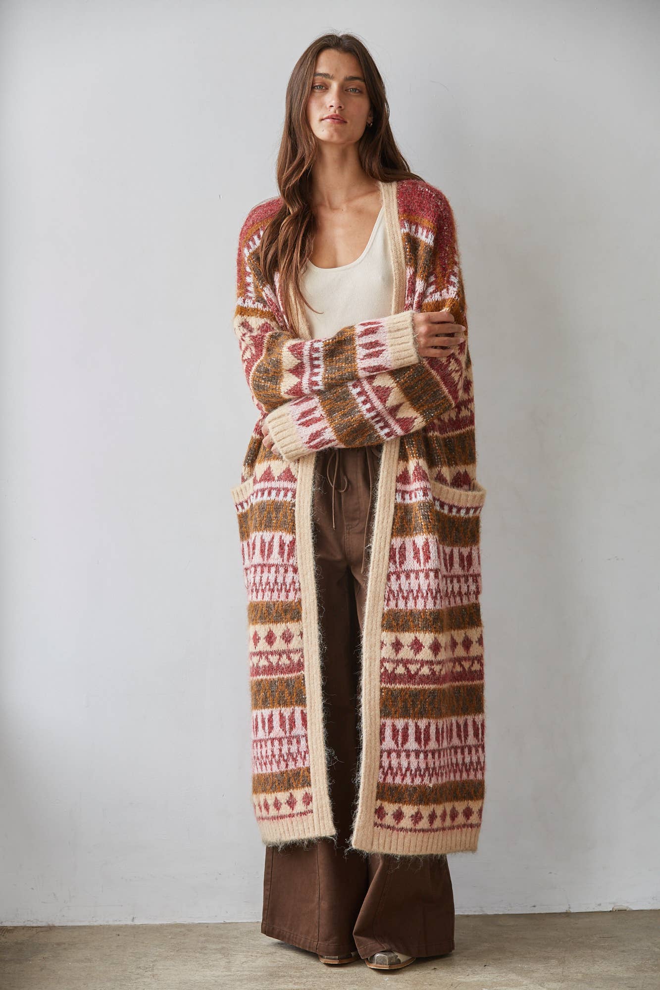Knit Sweater Open Front Long Sleeve Printed Cardigan