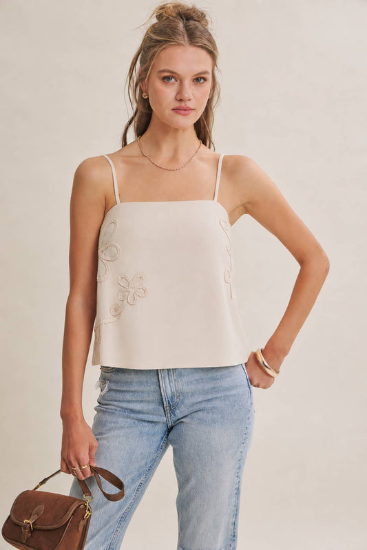 Luxury Linen Floral Applique Tank Top