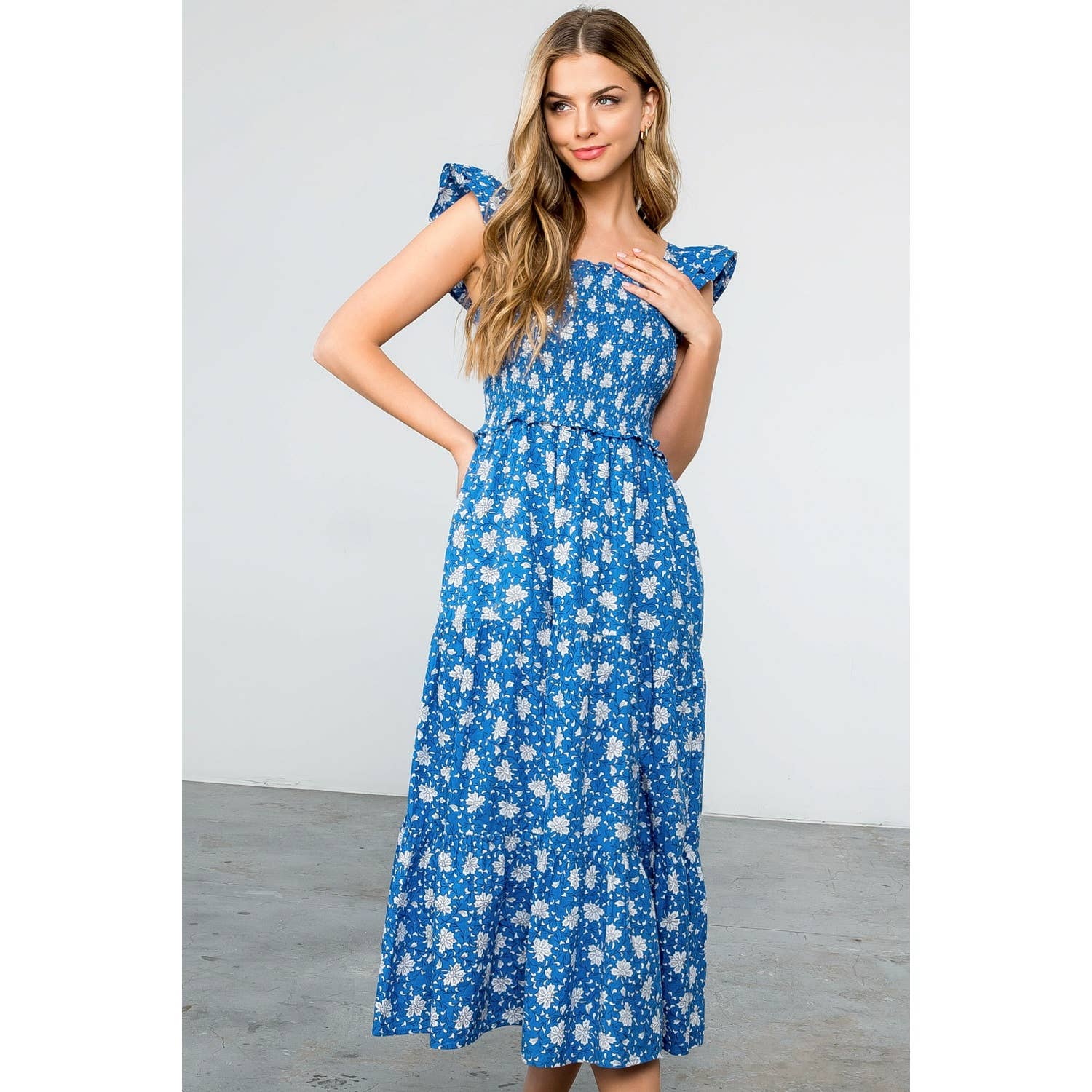 Smocked Tiered Flower Print Dress 