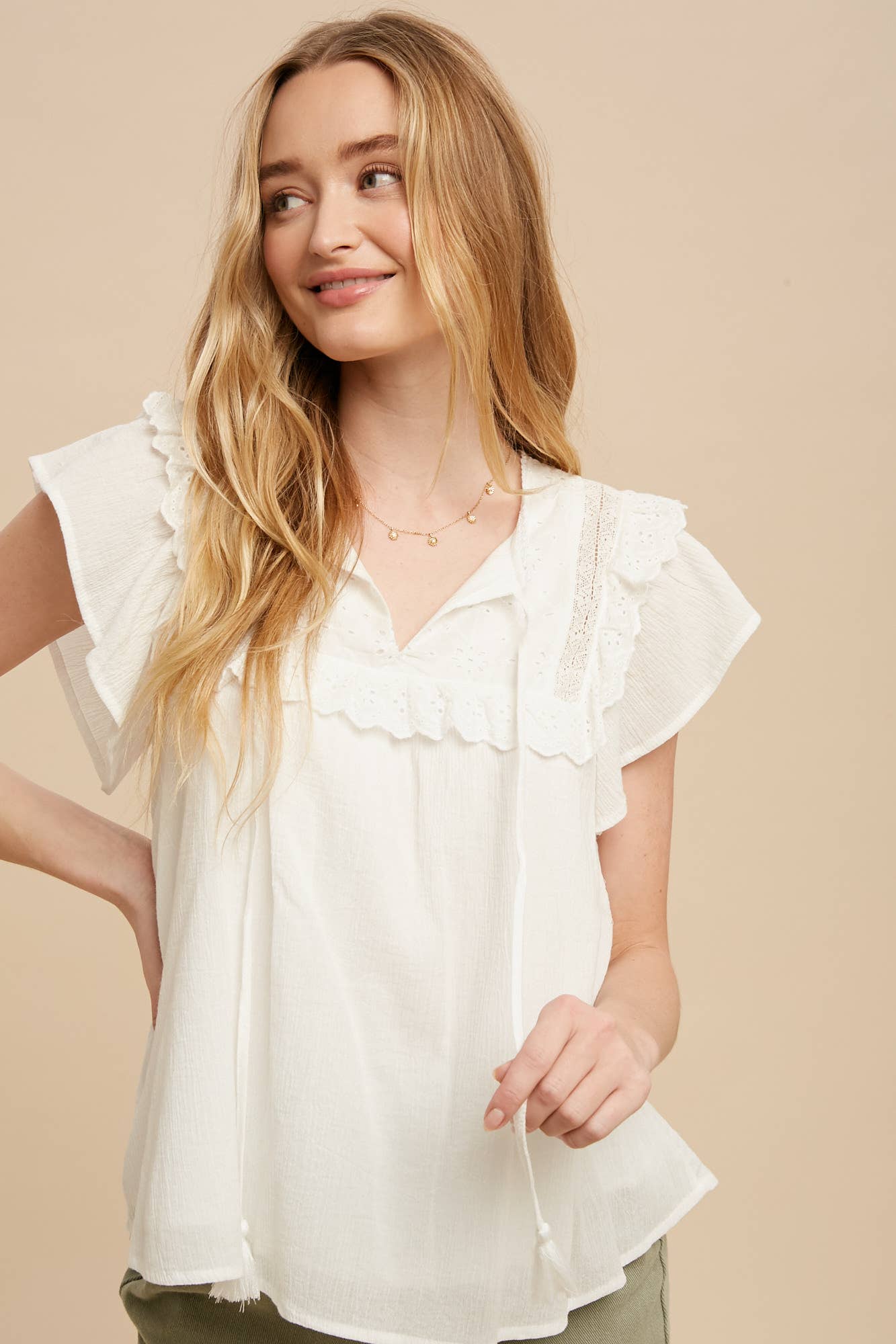 Eyelet Flutter Sleeve Top