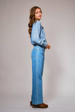 Load image into Gallery viewer, Ruffle Neck Denim Snap Button Shirt
