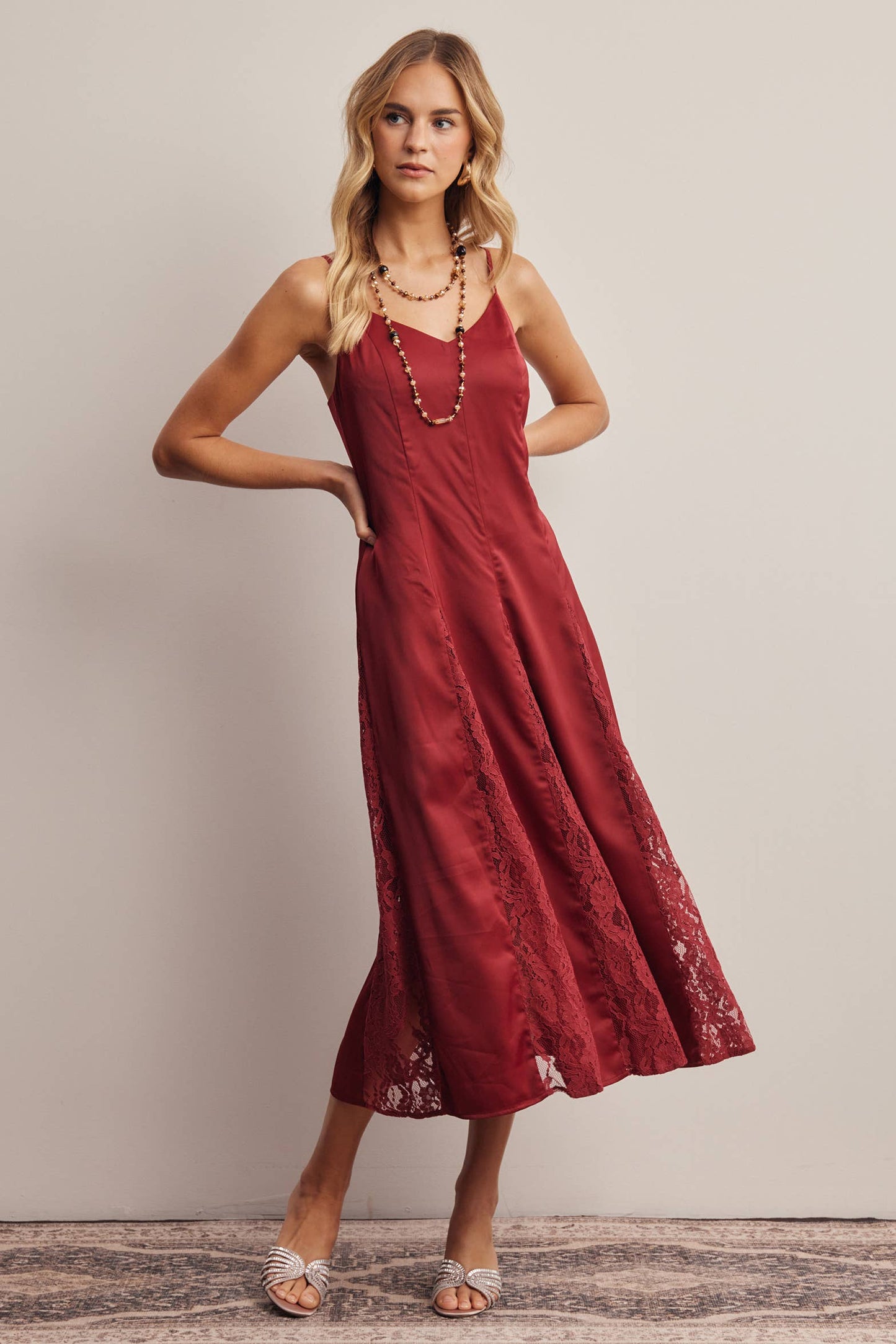 Lace Panel Satin Slip Midi Dress