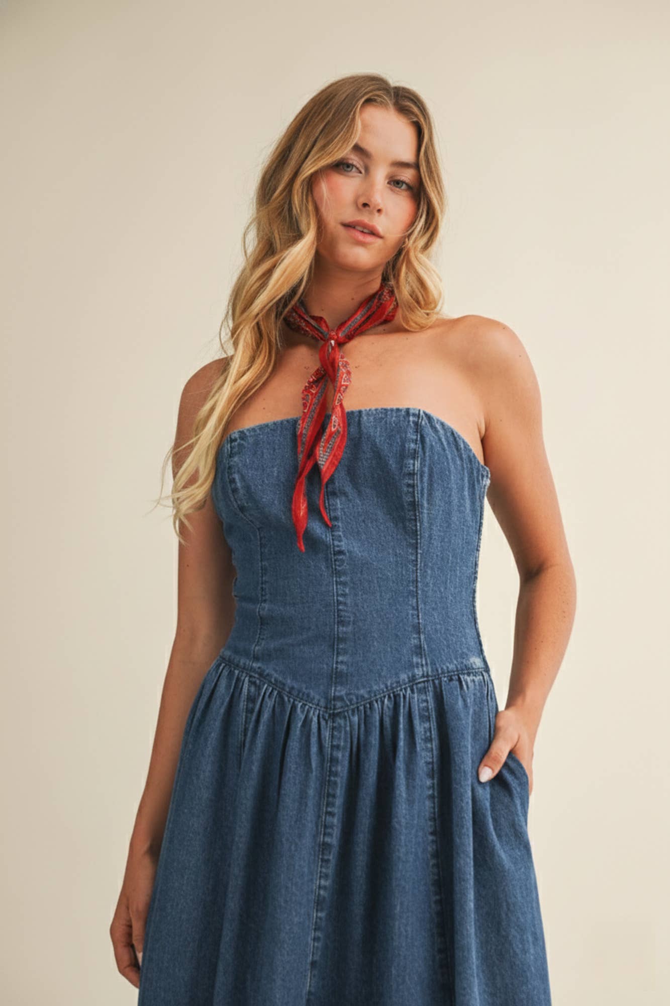 Seamed Bustier Full Skirt Denim Dress