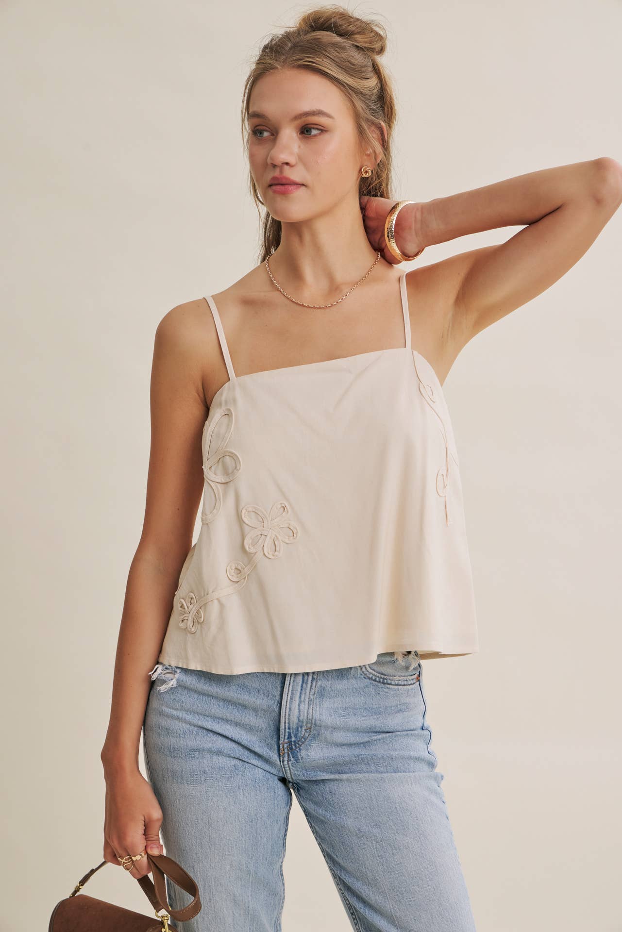 Luxury Linen Floral Applique Tank Top