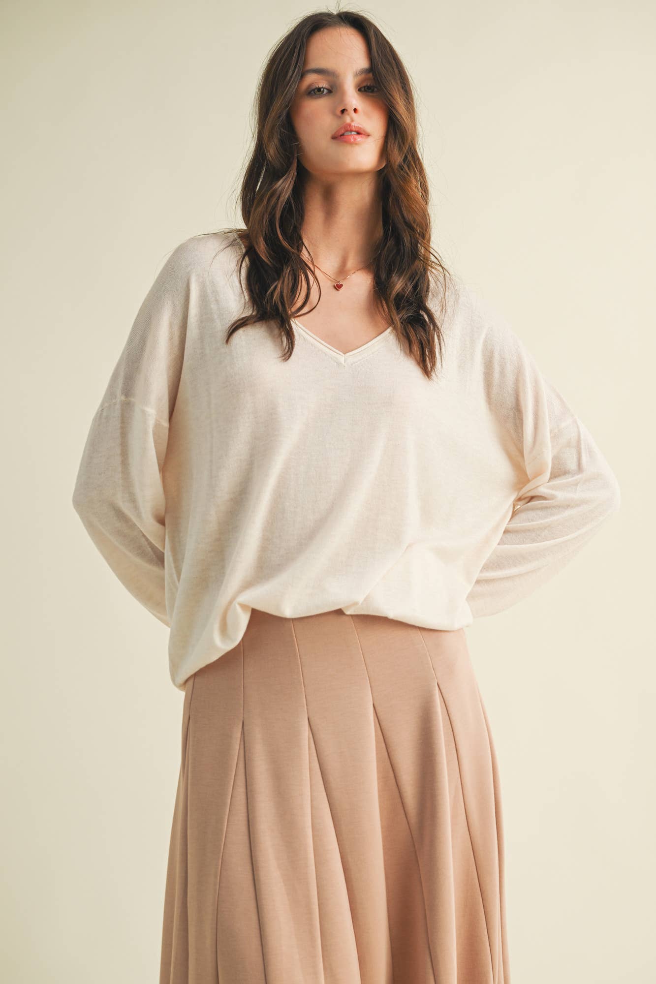 Dropped Shoulder V-Neck Banded Sweater