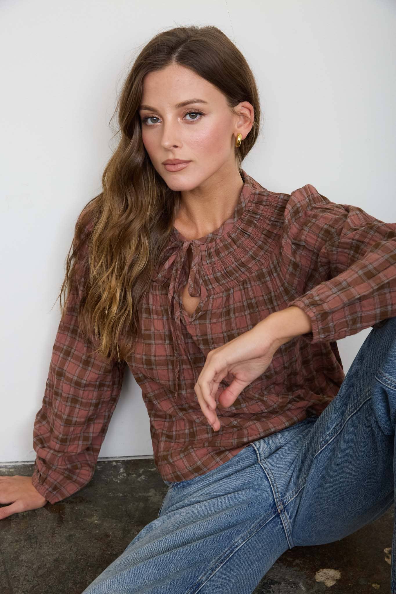 Plaid Shirred Yoke Long Sleeve Top