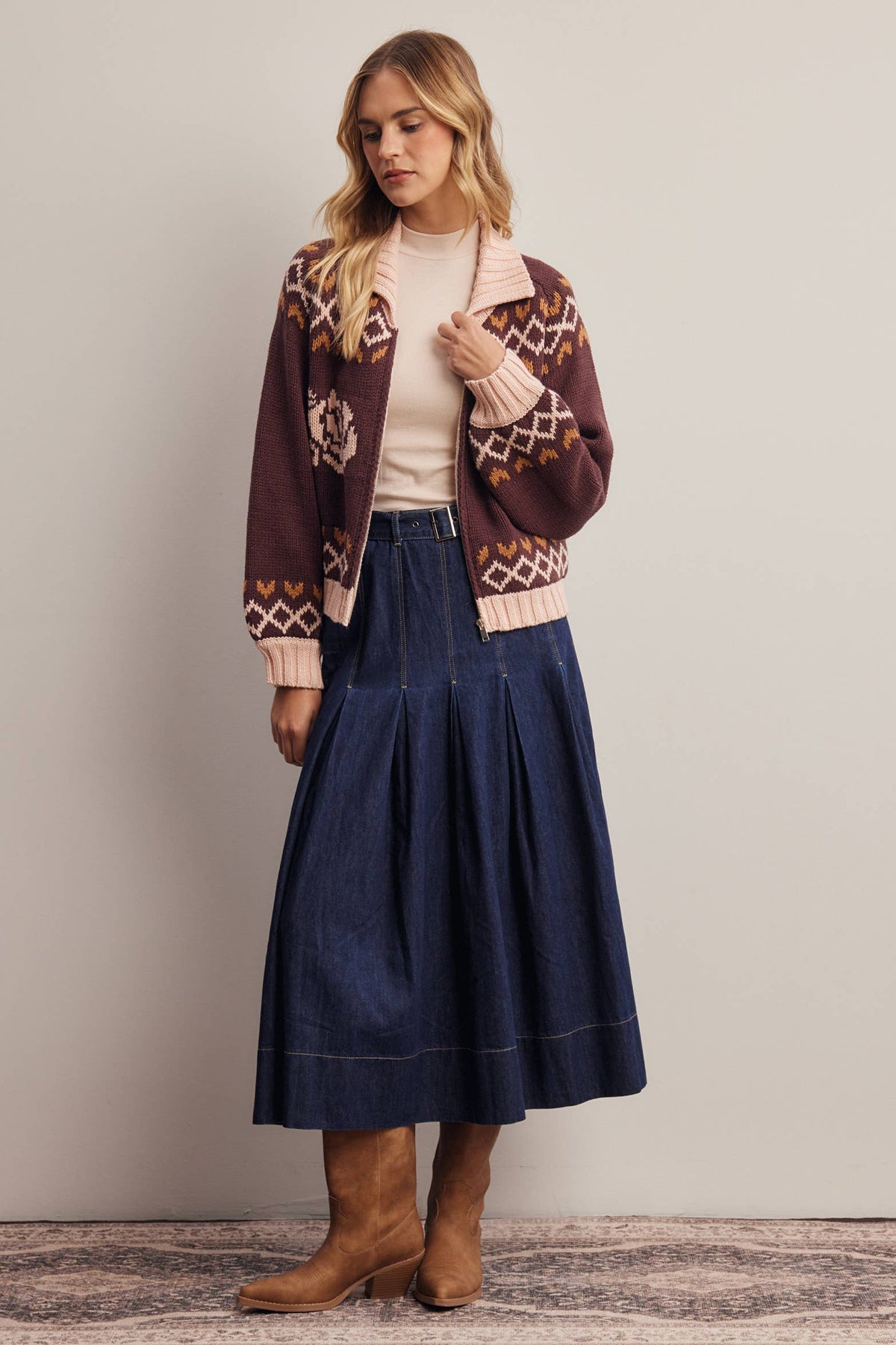 Floral Fair Isle Zip-Up Knit Cardigan
