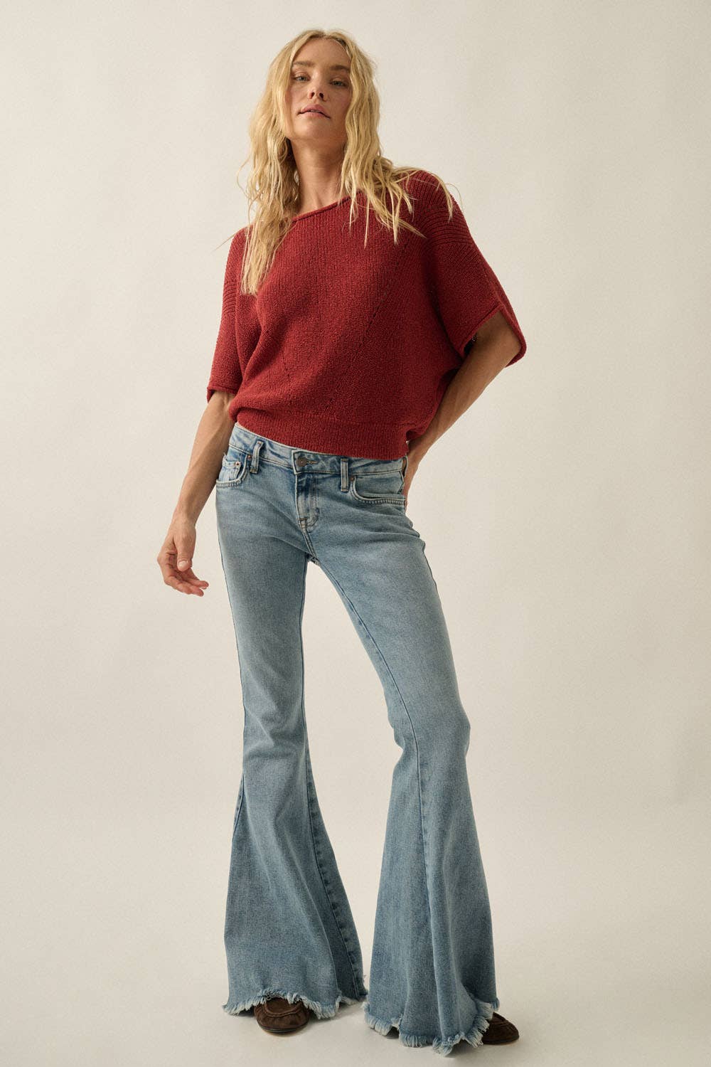 Short-Sleeve Pointelle Ribbed Knit Sweater