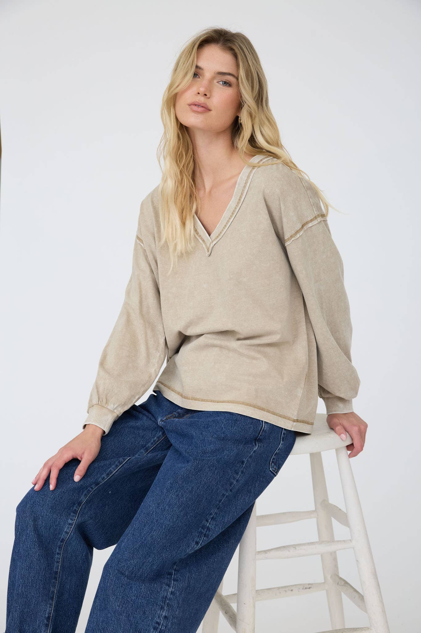Reverse Seam Detail Long Sleeve V Neck Sweatshirt