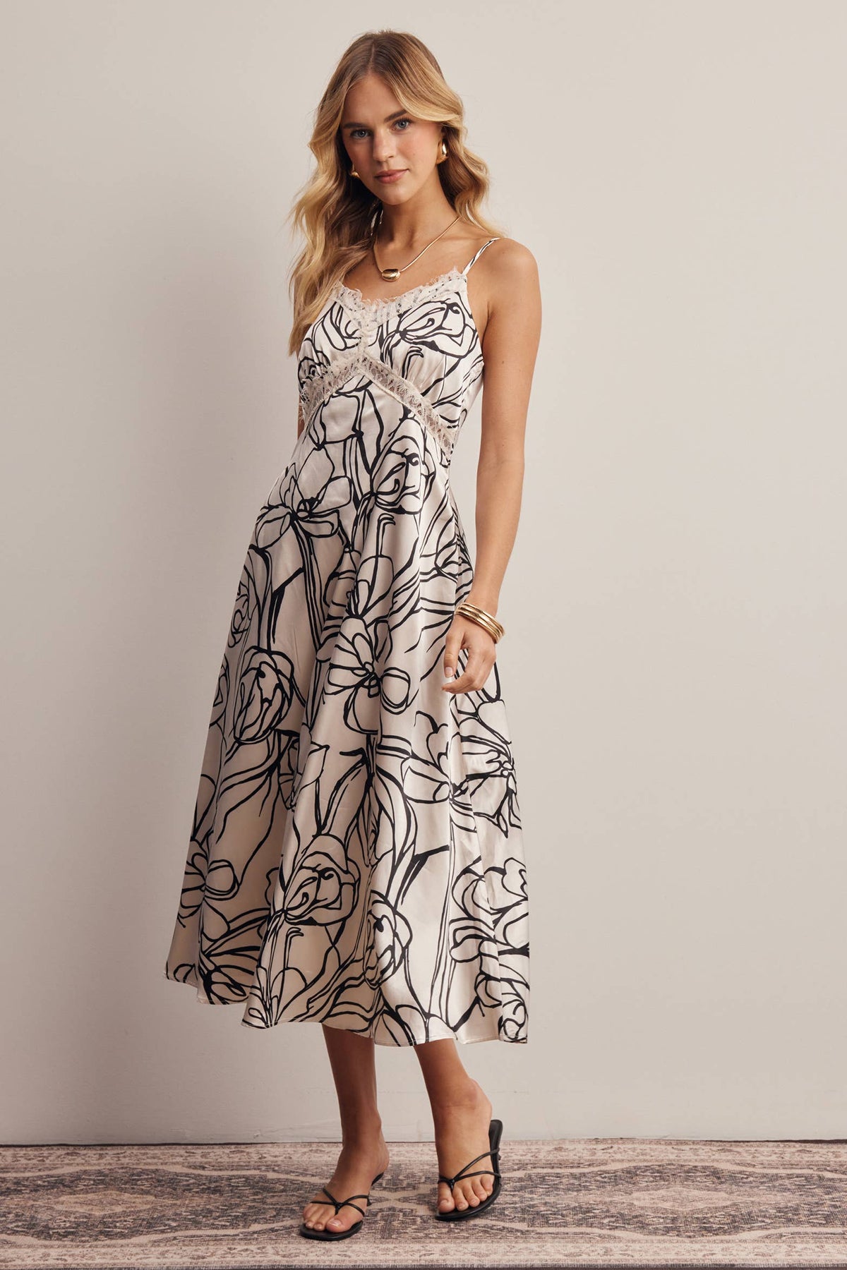 Lace Trim Floral Satin Midi Dress FD0061