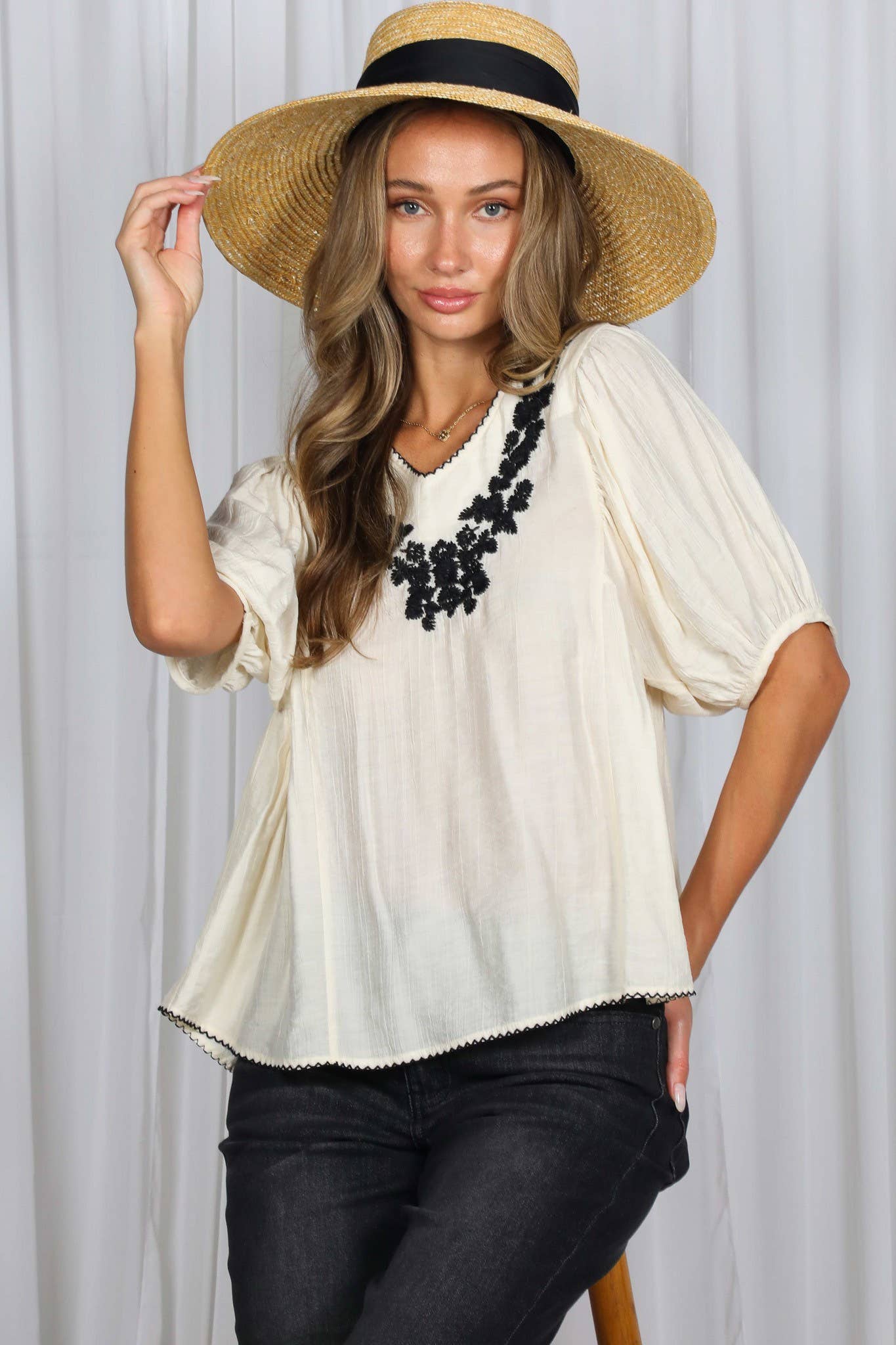Boho Inspired V-Neck Floral Embellished Accent Top
