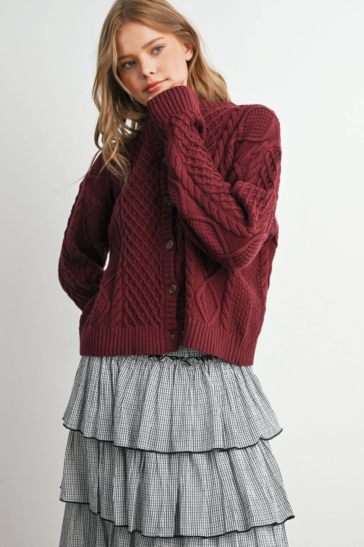 Berry Cable Knit Cardigan
