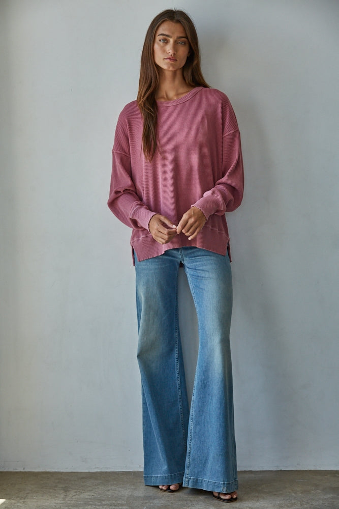 Knit Drop Shoulder Long Sleeve Top with Side Slits: Wine