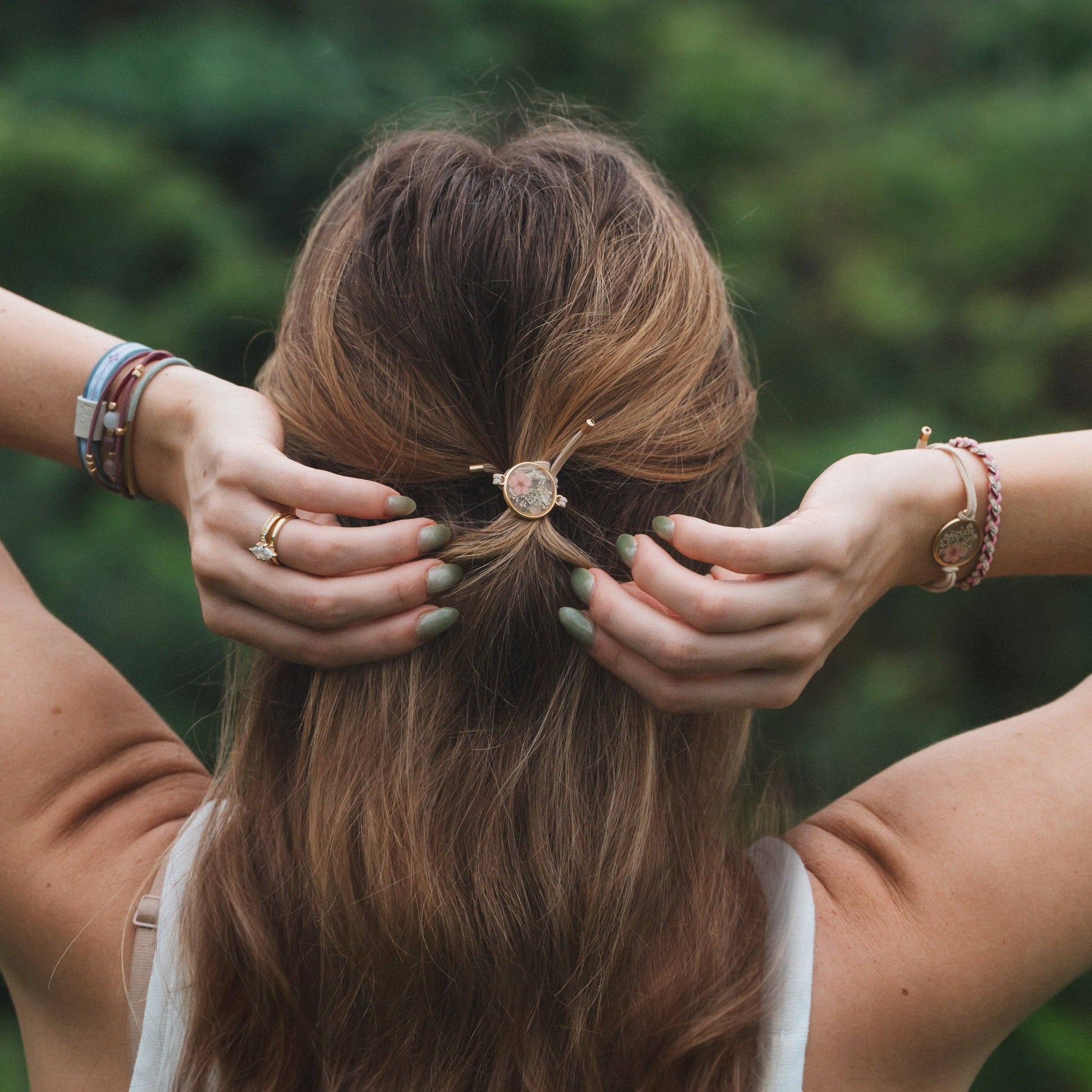 "Bloom" Maroon and Pink with Pressed Flowers Hair Tie Bracelets 