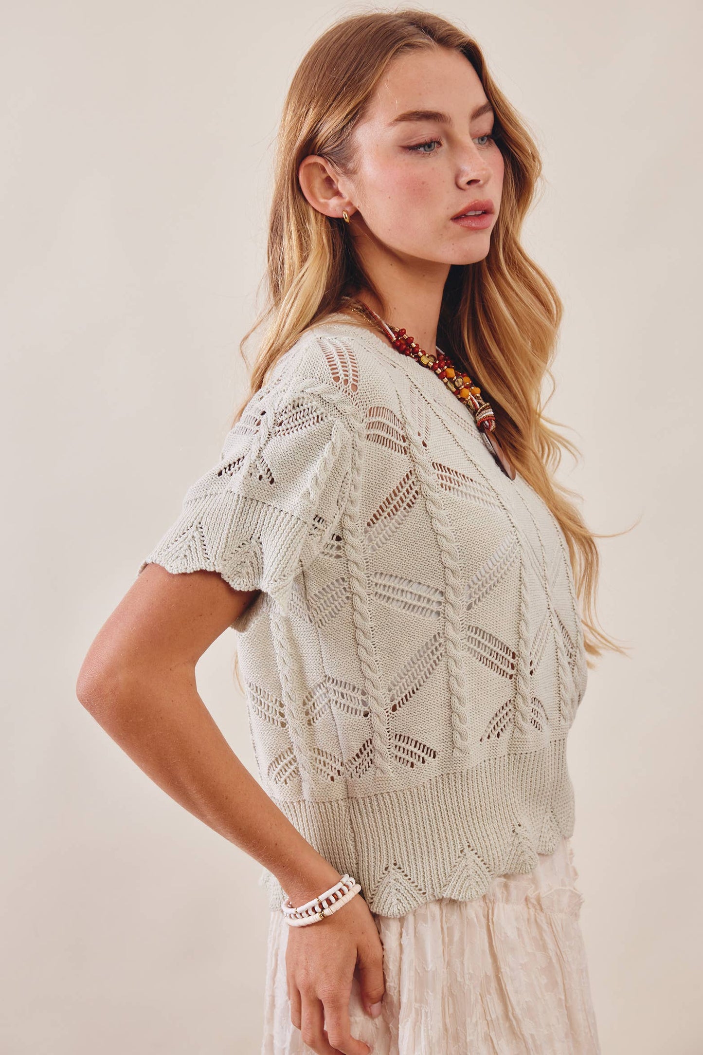 Pointelle Short Sleeve Knit Top