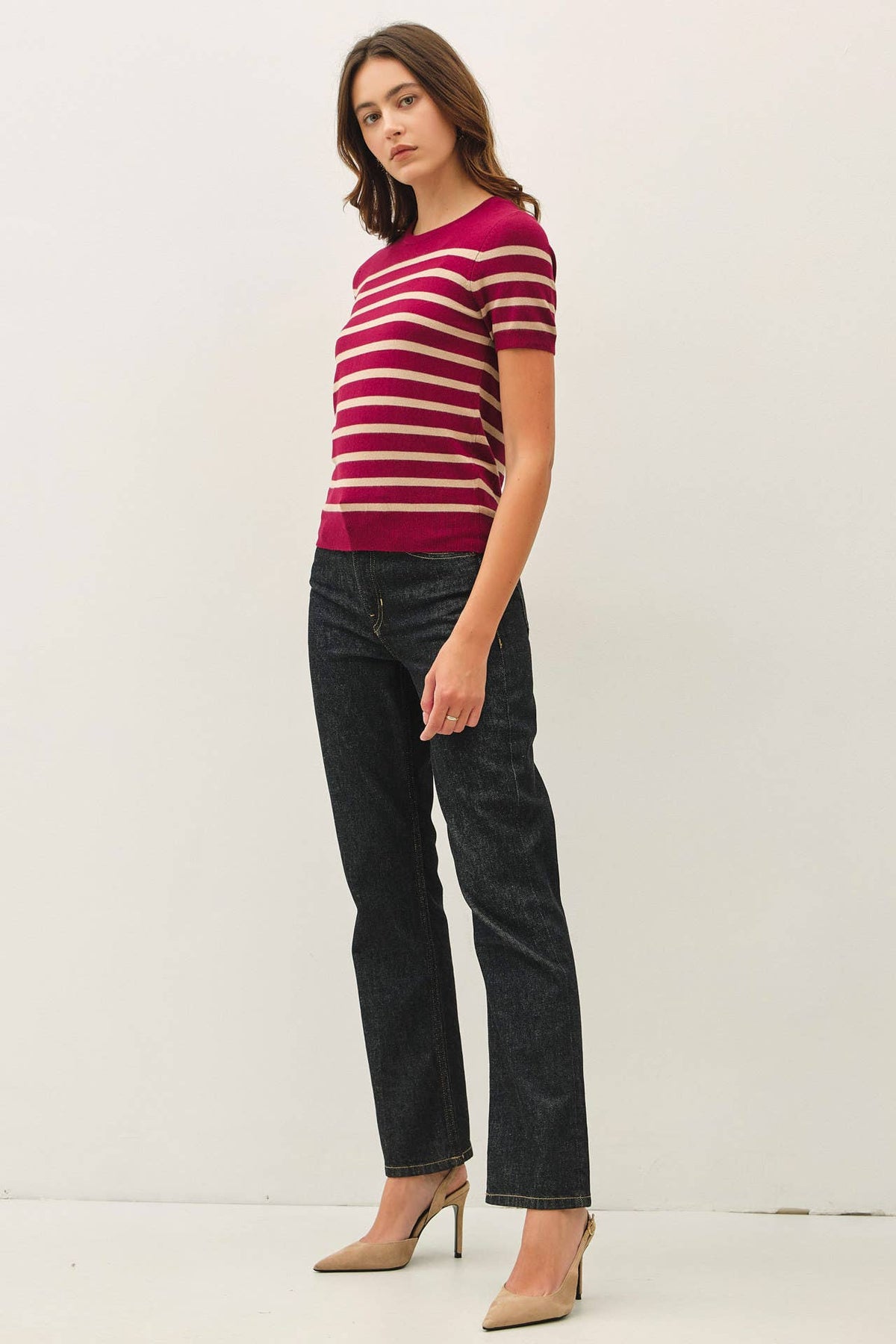 Striped Classic Cut Sweater Top-Wine