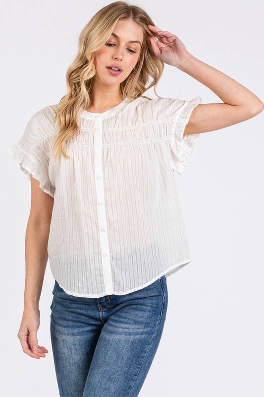 Short Sleeve Ruffled Button Down Top