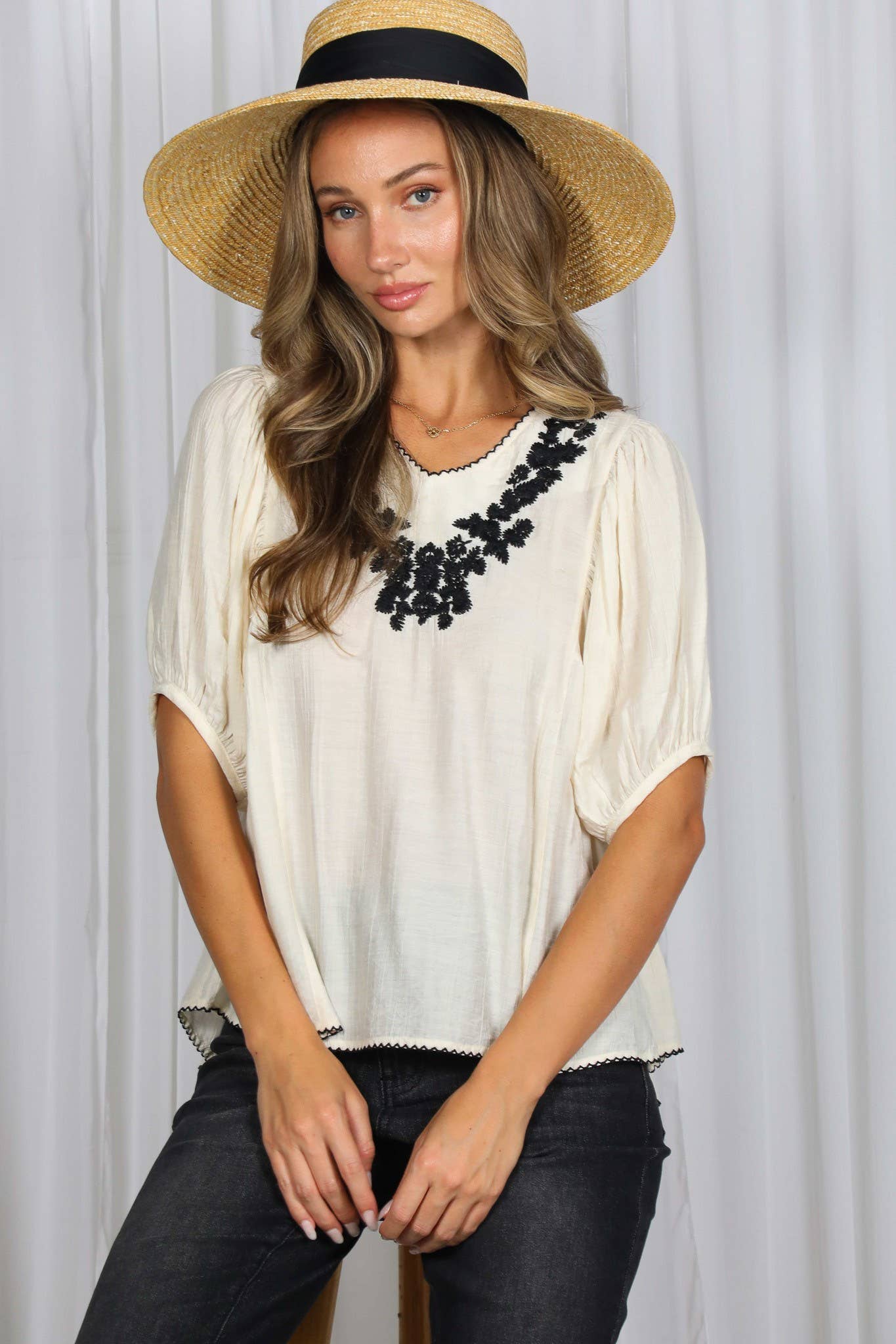 Boho Inspired V-Neck Floral Embellished Accent Top