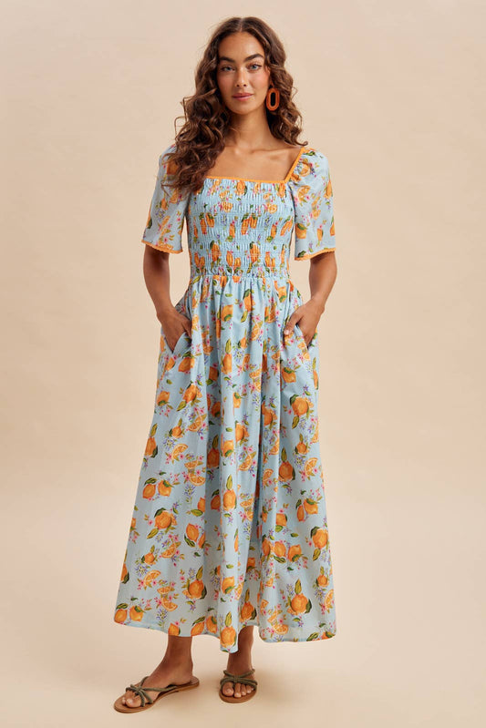 Smocked Lemon Print Maxi Dress
