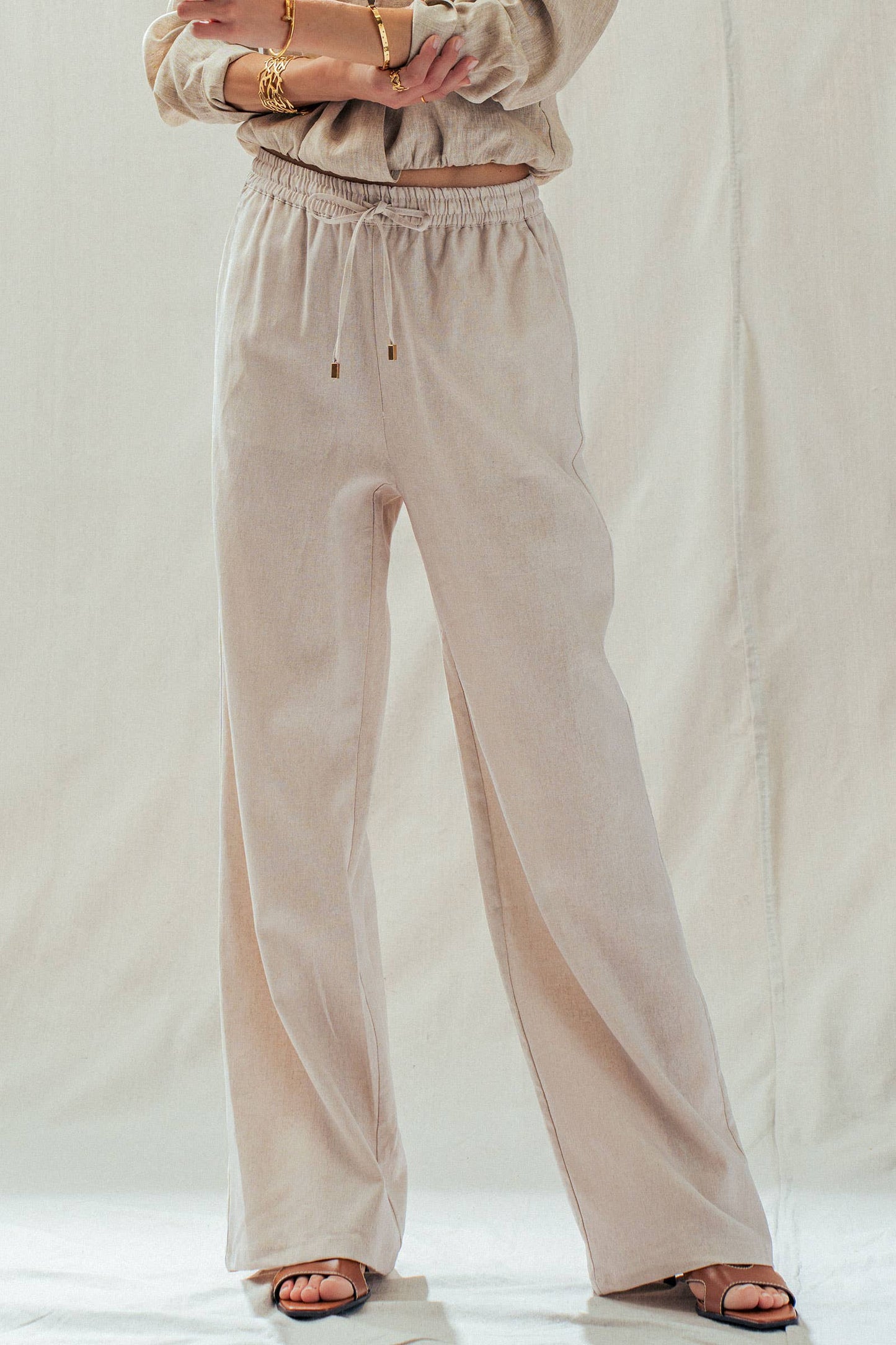 Linen Blend Wide Leg Pants Drawstring Waist 