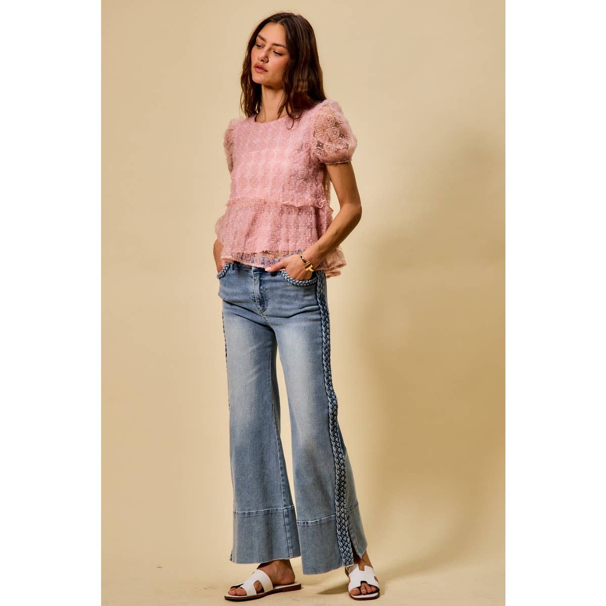 Wide Leg Flare Denim Jeans with Side Braids