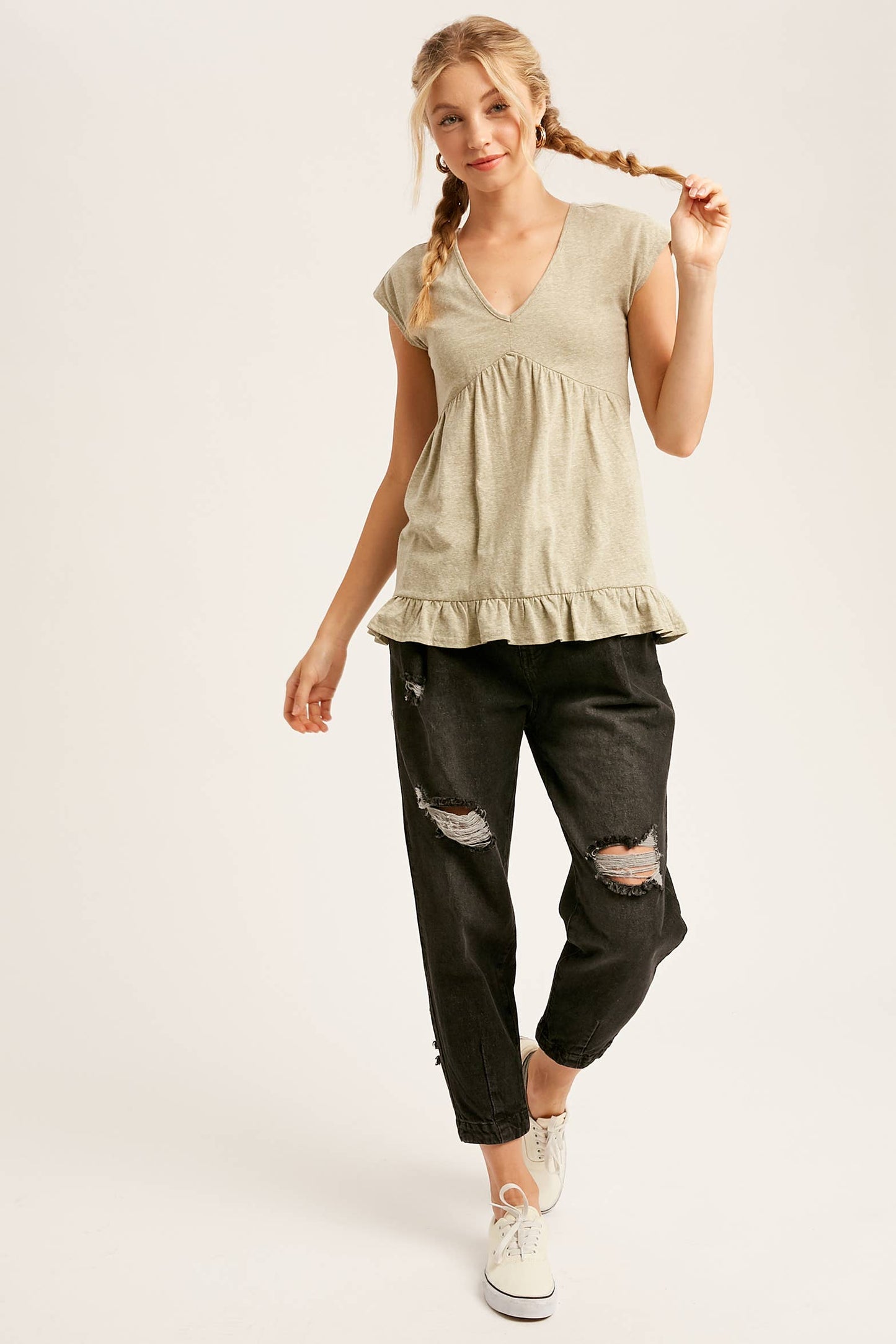 V-Neck Ruffle Hem Babydoll Top