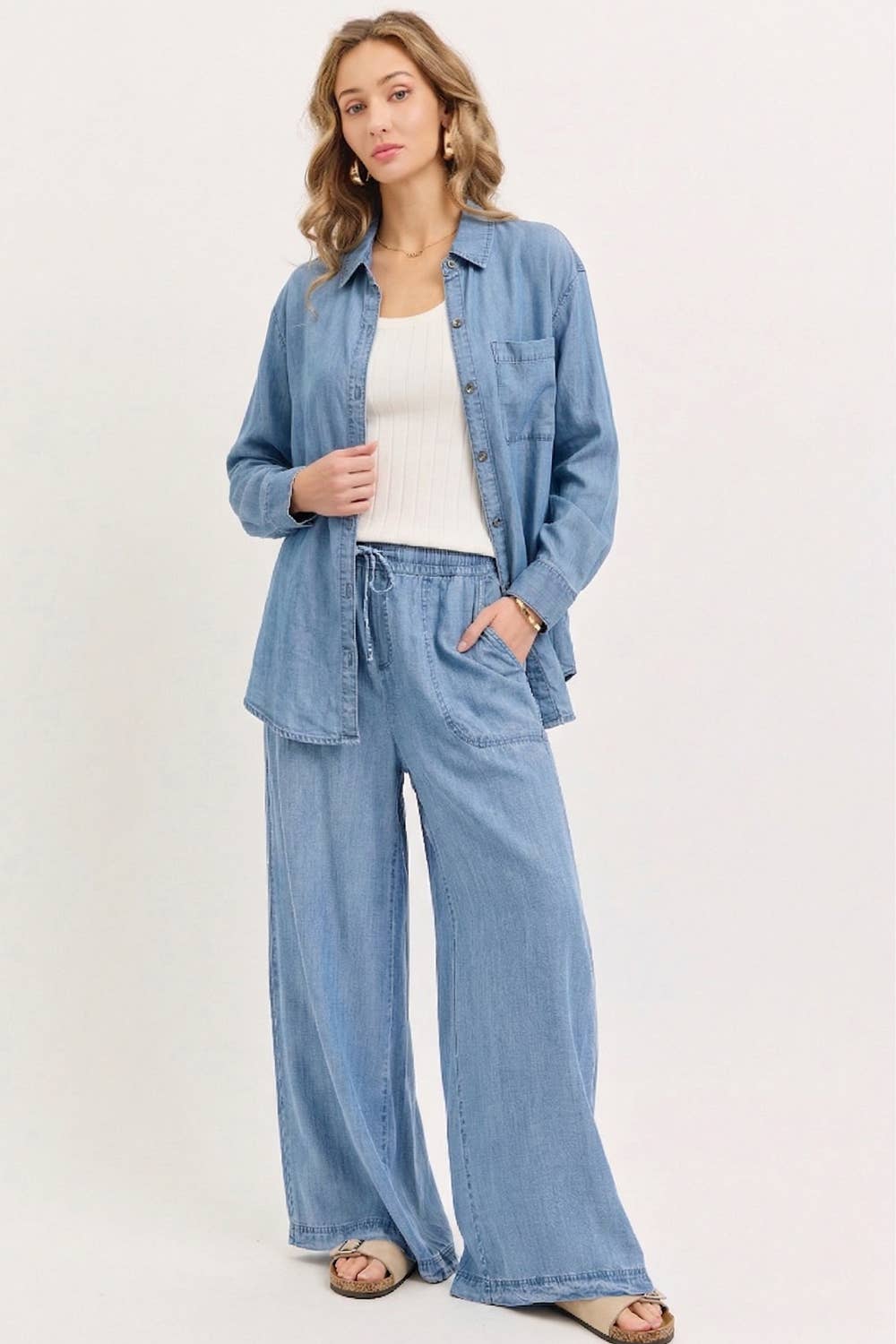 Chambray Wide Leg Classic Pants