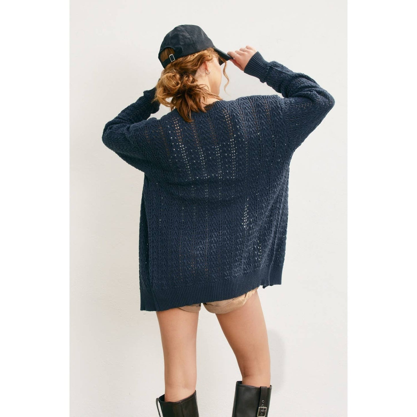 Scalloped V Neck Open Knit Cardigan