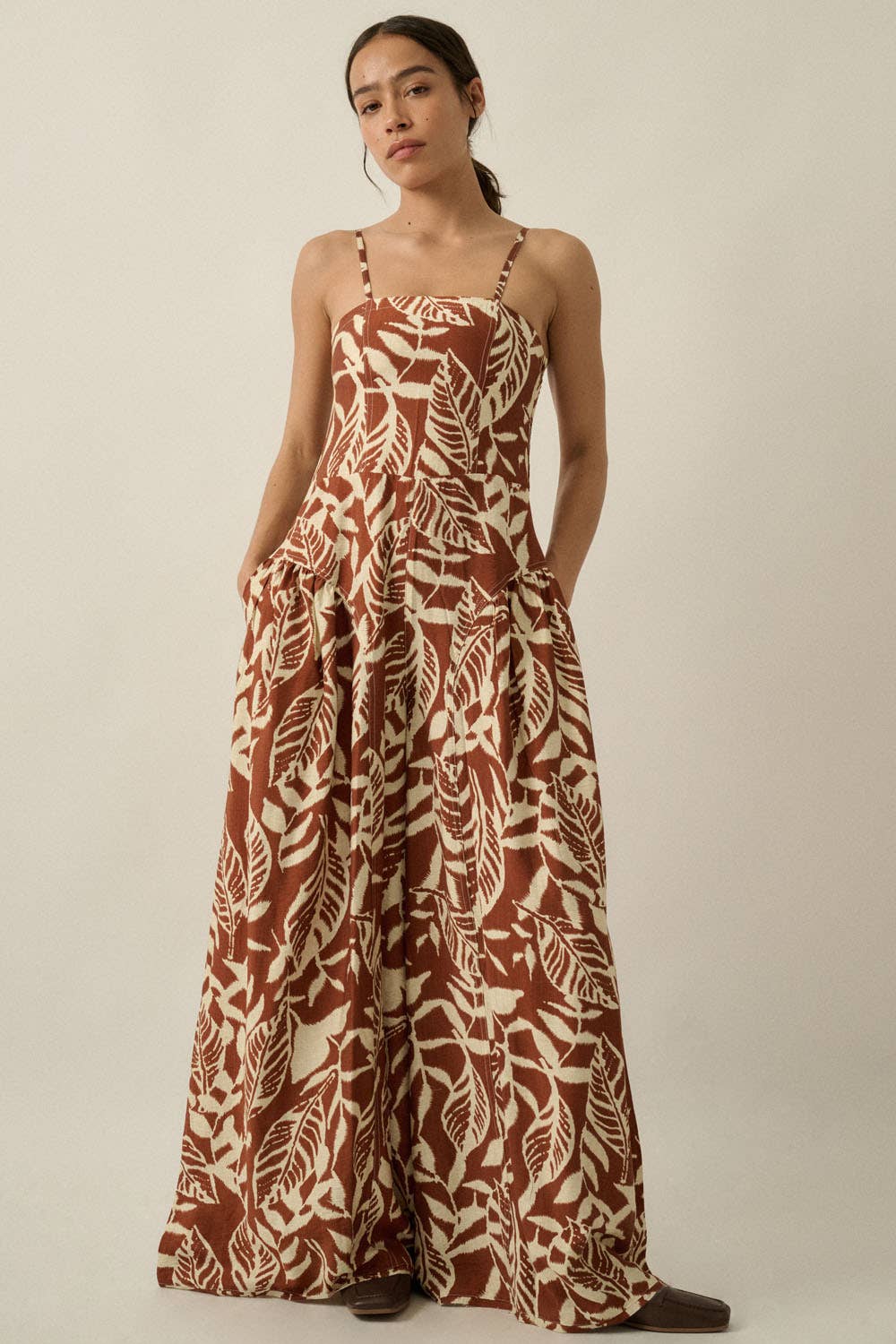 Tropical Print Wide-Leg Pocket Cami Jumpsuit