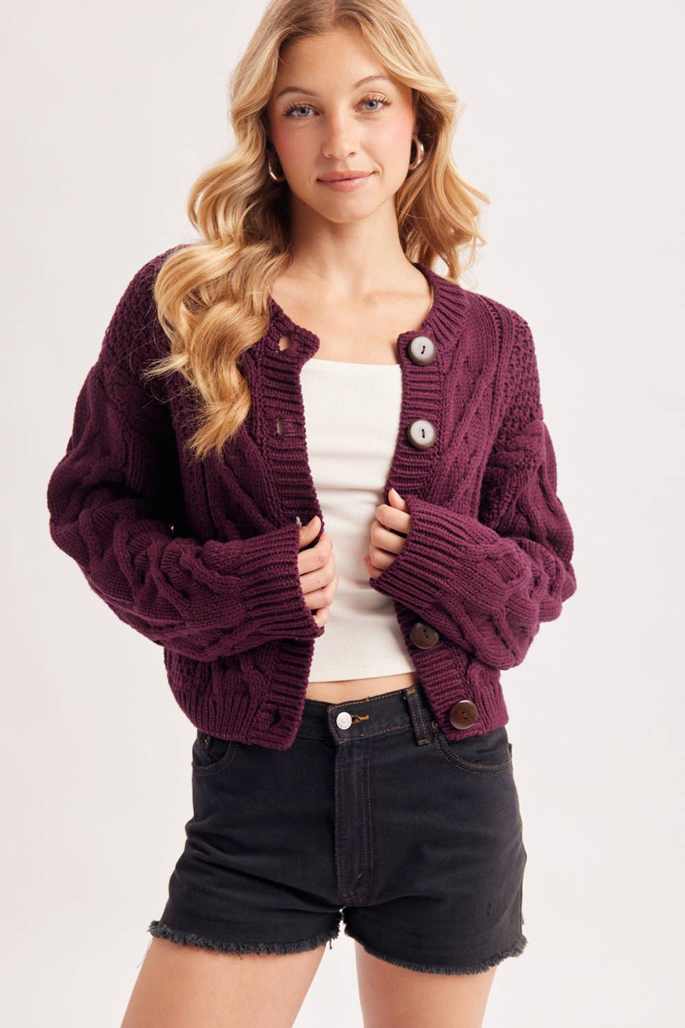 Wine Button Front Cropped Cable Knit Sweater, Cardigan